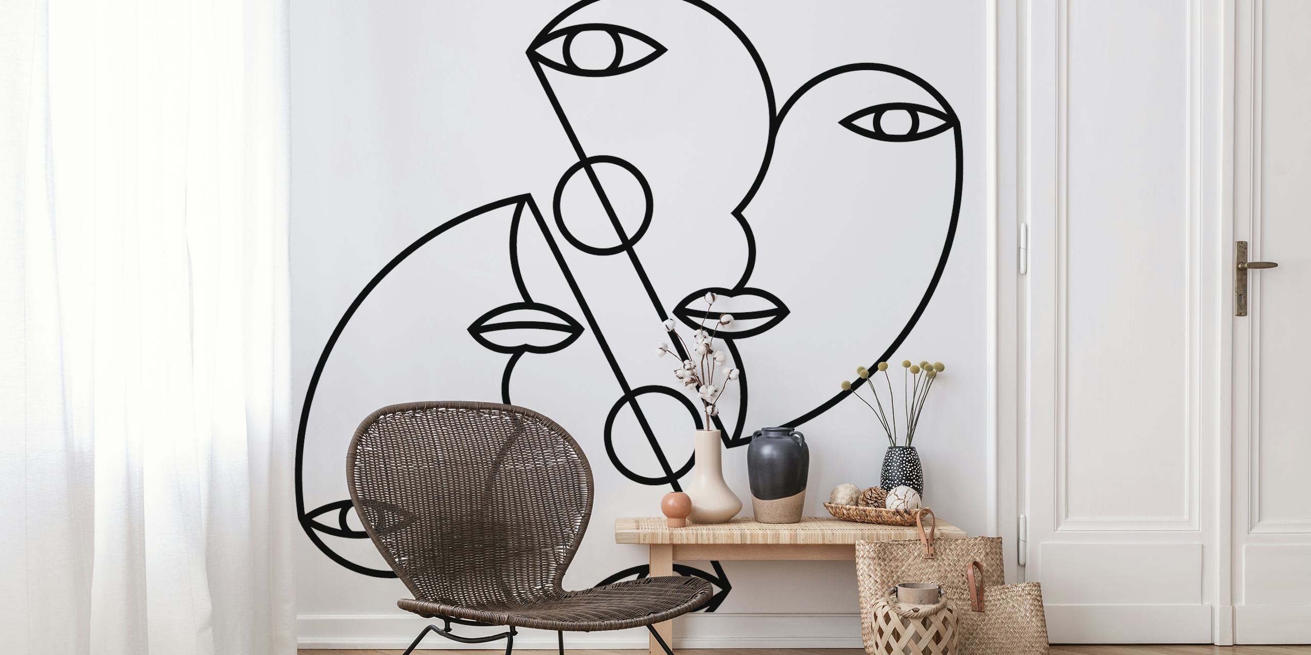 Black and white line art heart wallpaper with abstract faces