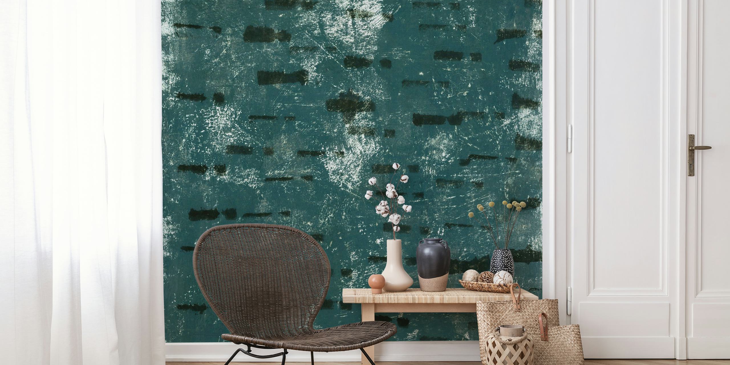 Dark green textured wall mural with organic tactile appearance and shadow interplay, ideal for luxurious spaces.