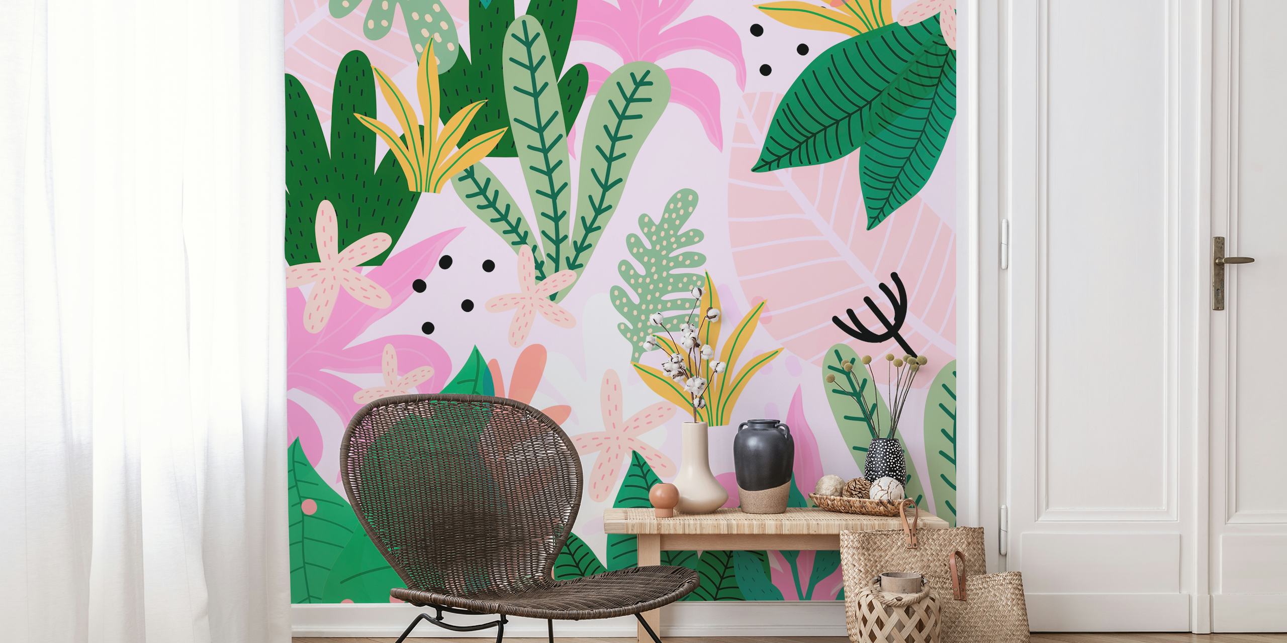 Tropical floral leaves in pink and green colors wallpaper