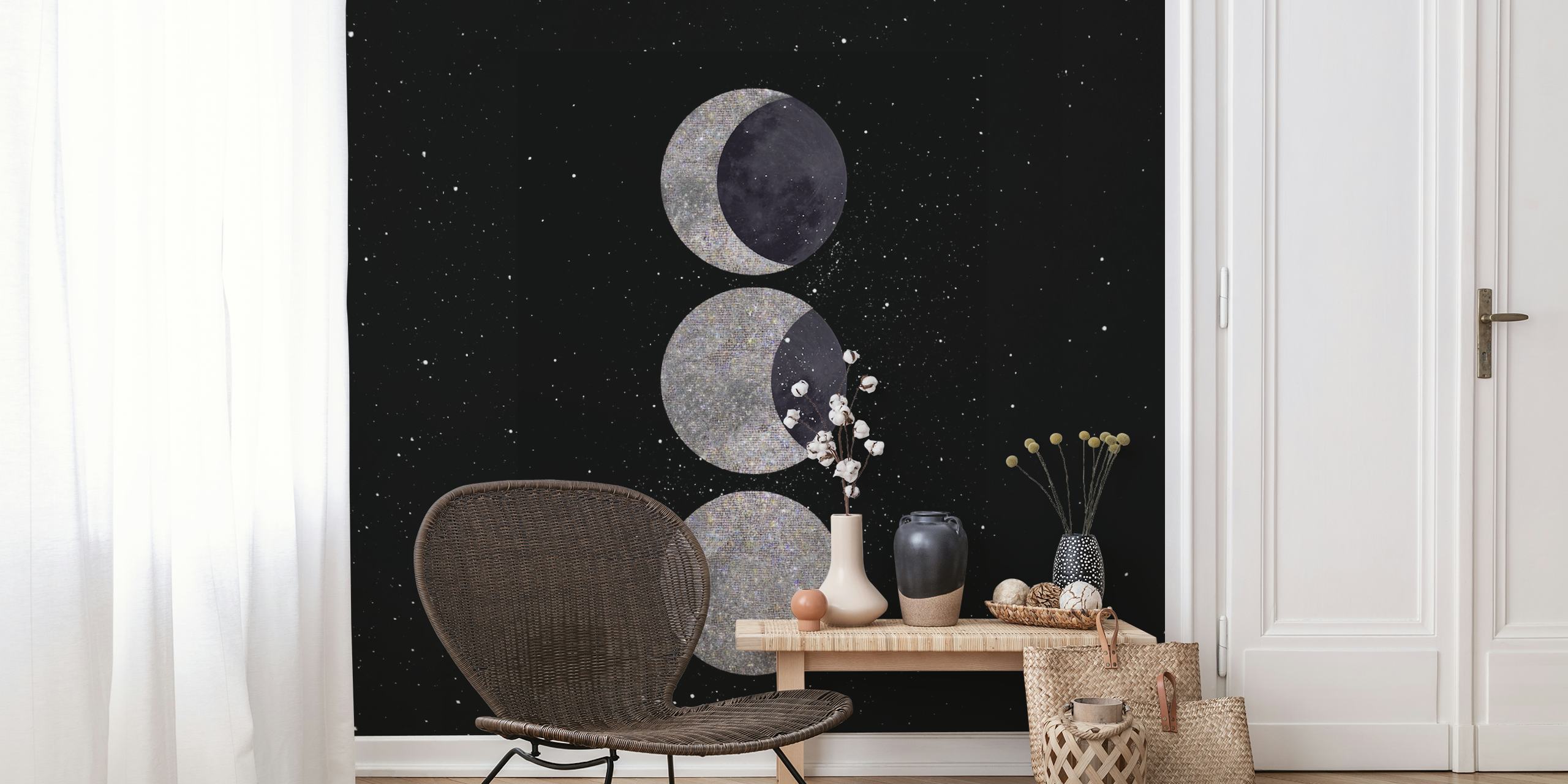 Three phases of the moon in grayscale against a black background wallpaper