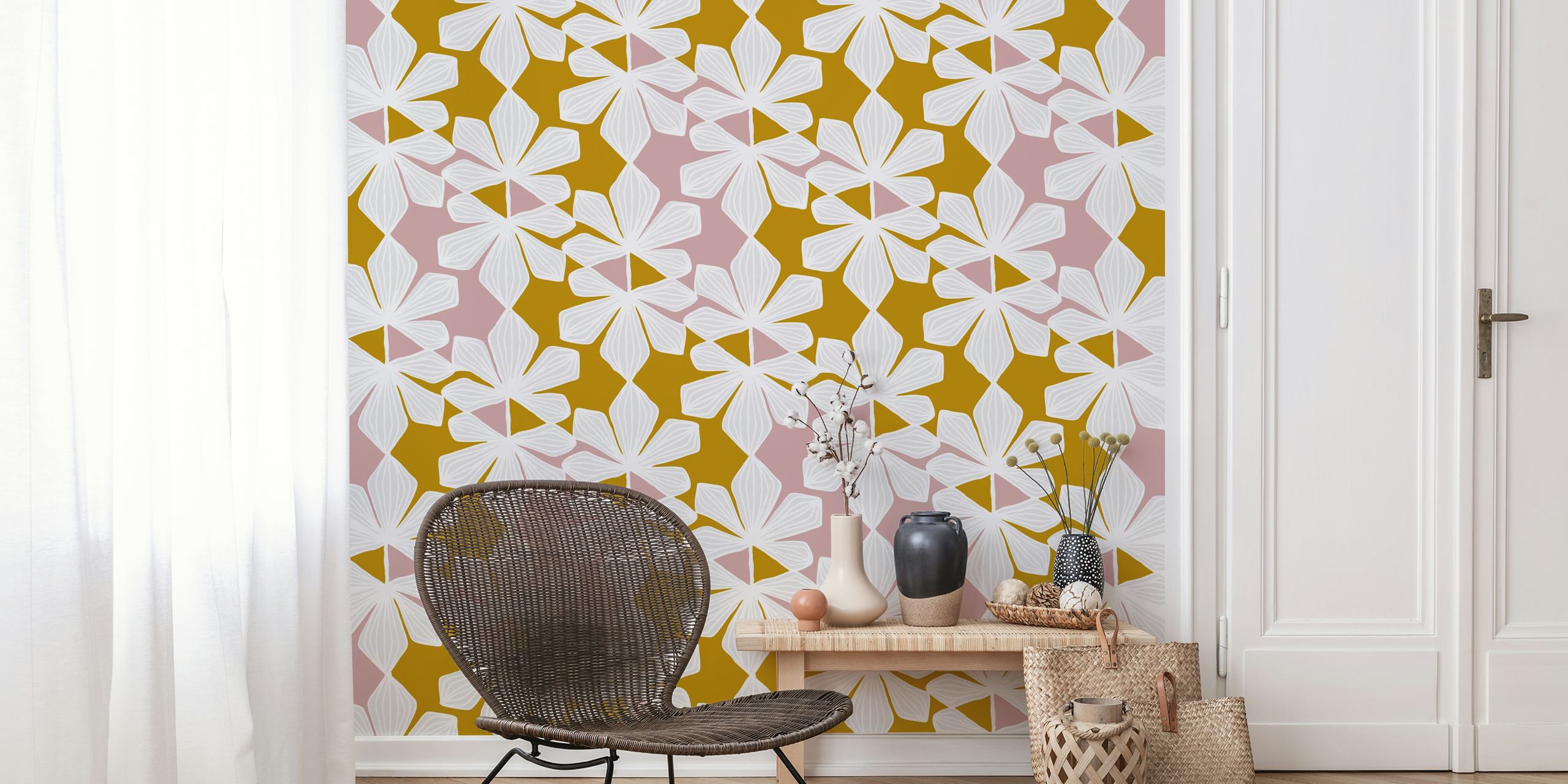 Pink and gold geometric floral wallpaper