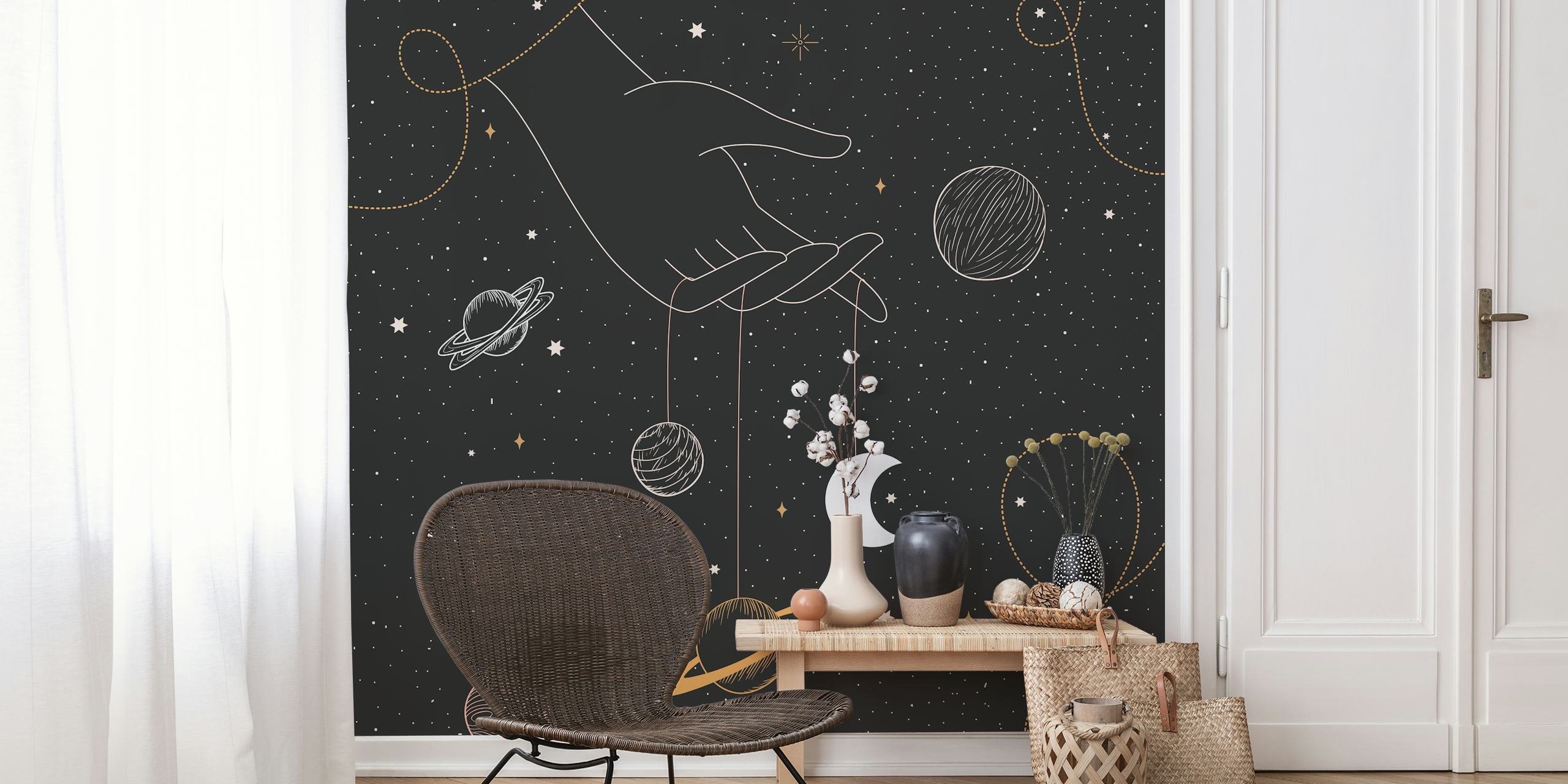 Hand holding planets and moon on a starry black background wallpaper