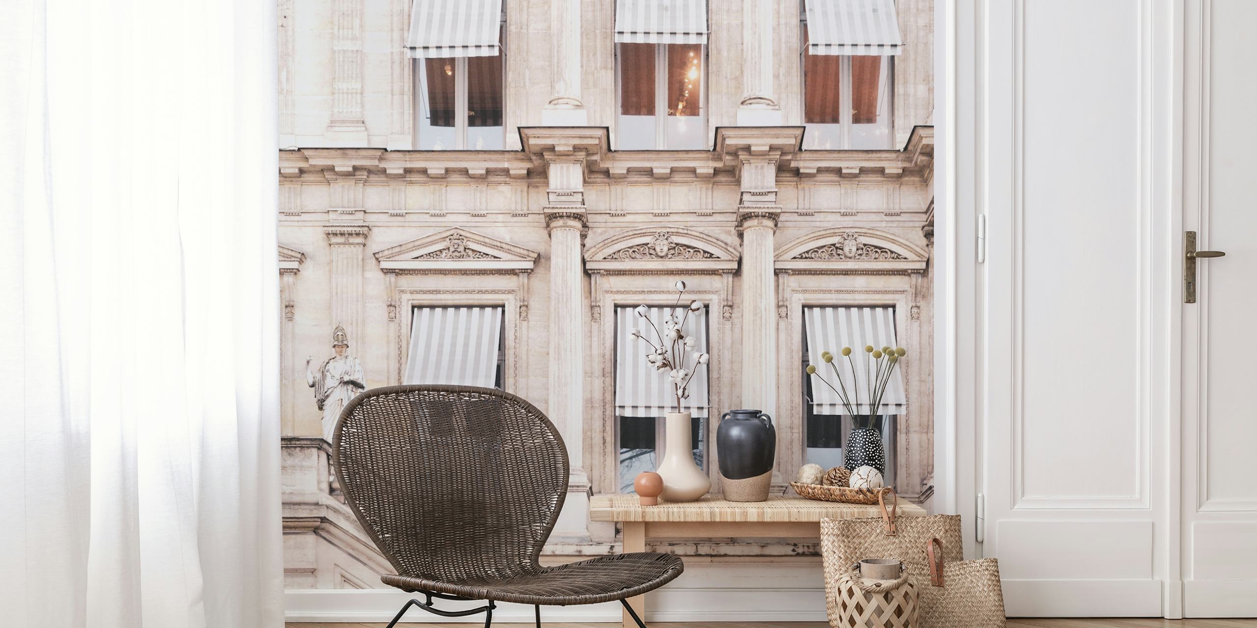 Striped awning on a Parisian building in soft beige tones wallpaper