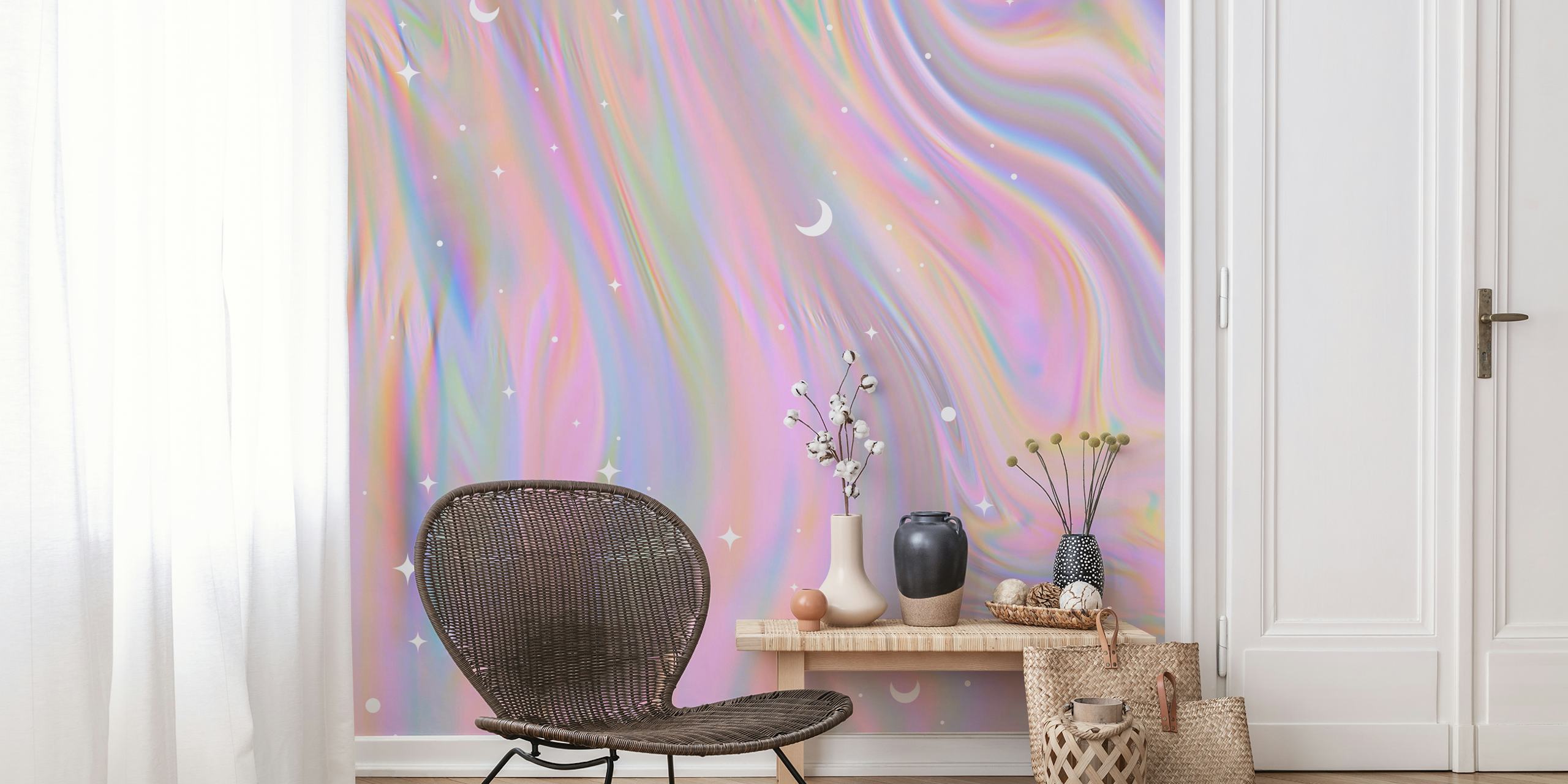 Iridescent swirling pastel colors with stars and moons wallpaper