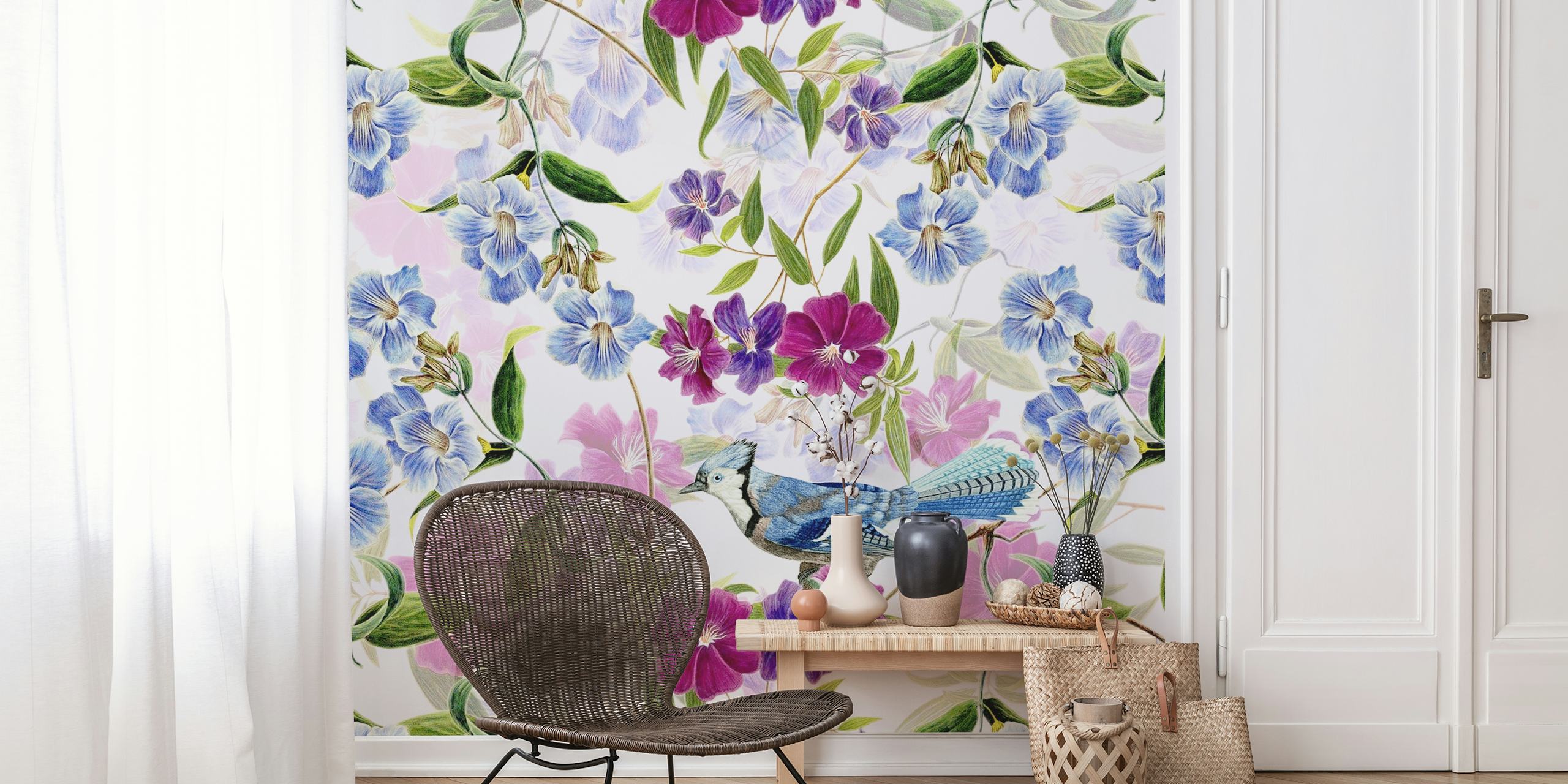 A wall mural featuring a blue jay among blue and purple flowers with green leaves on a white background