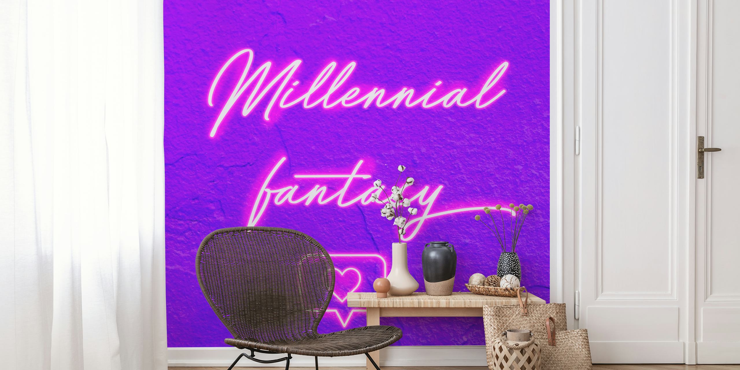 Millennial Fantasy fotobehang met een neonachtig roze schrift op een paarse achtergrond en een hartpictogram.