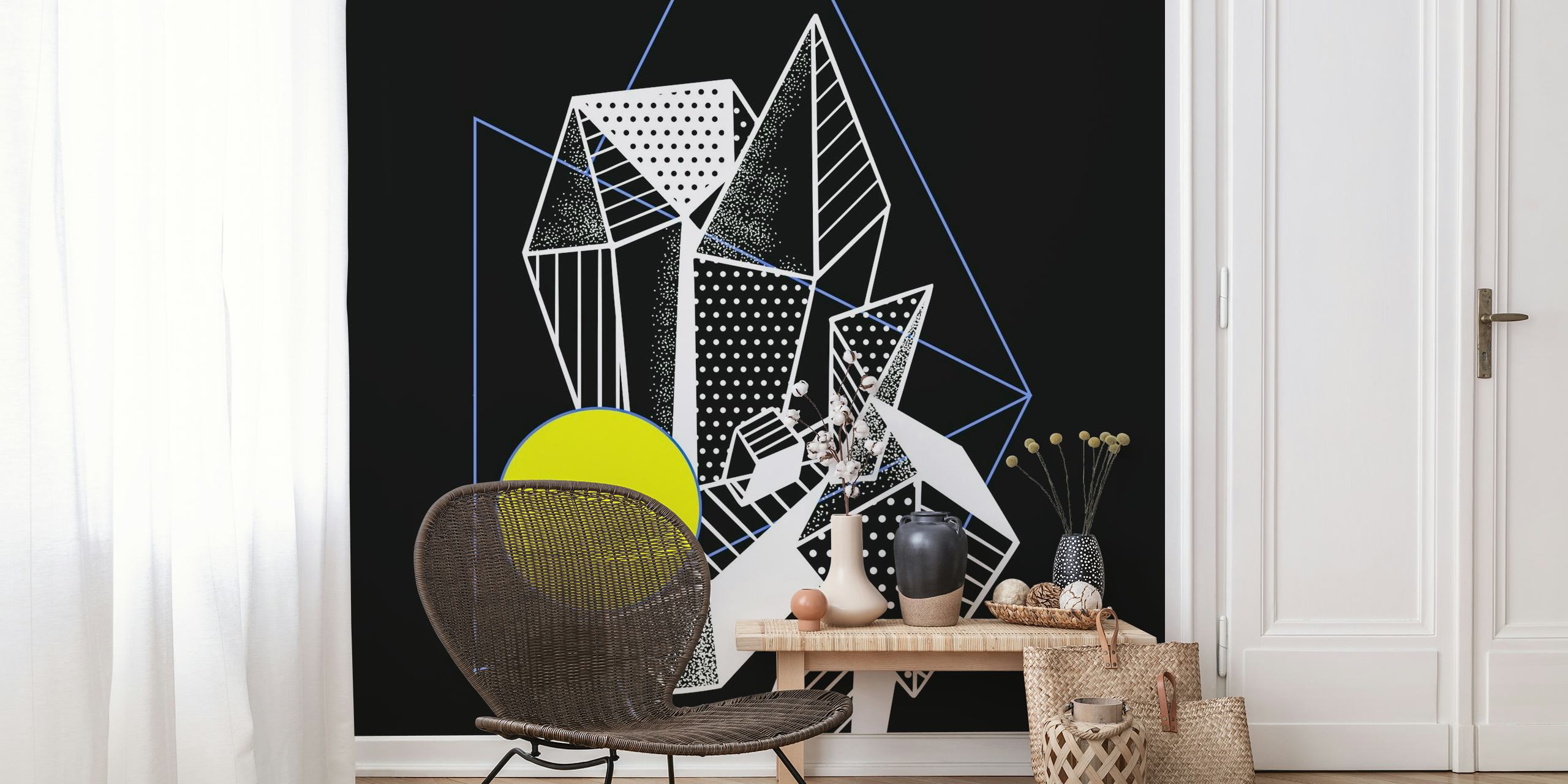 Abstract neon crystal wall mural with geometric shapes and a bright yellow circle on a black background