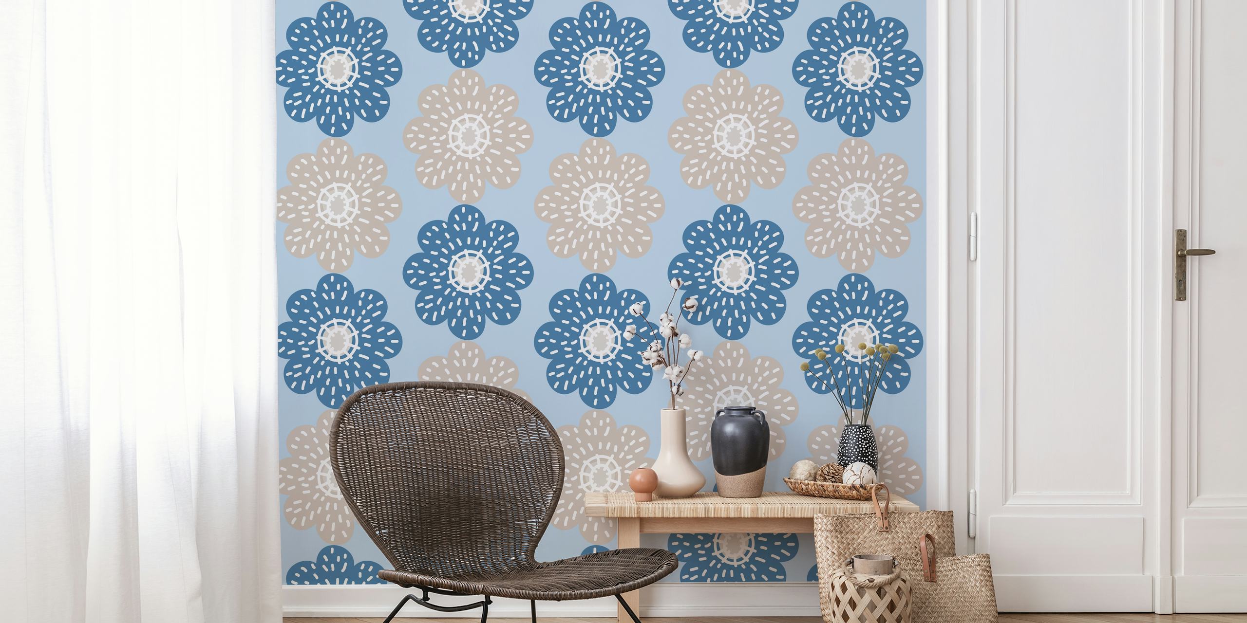 Papier peint Sky Blue Daisy Pattern affiché dans une pièce
