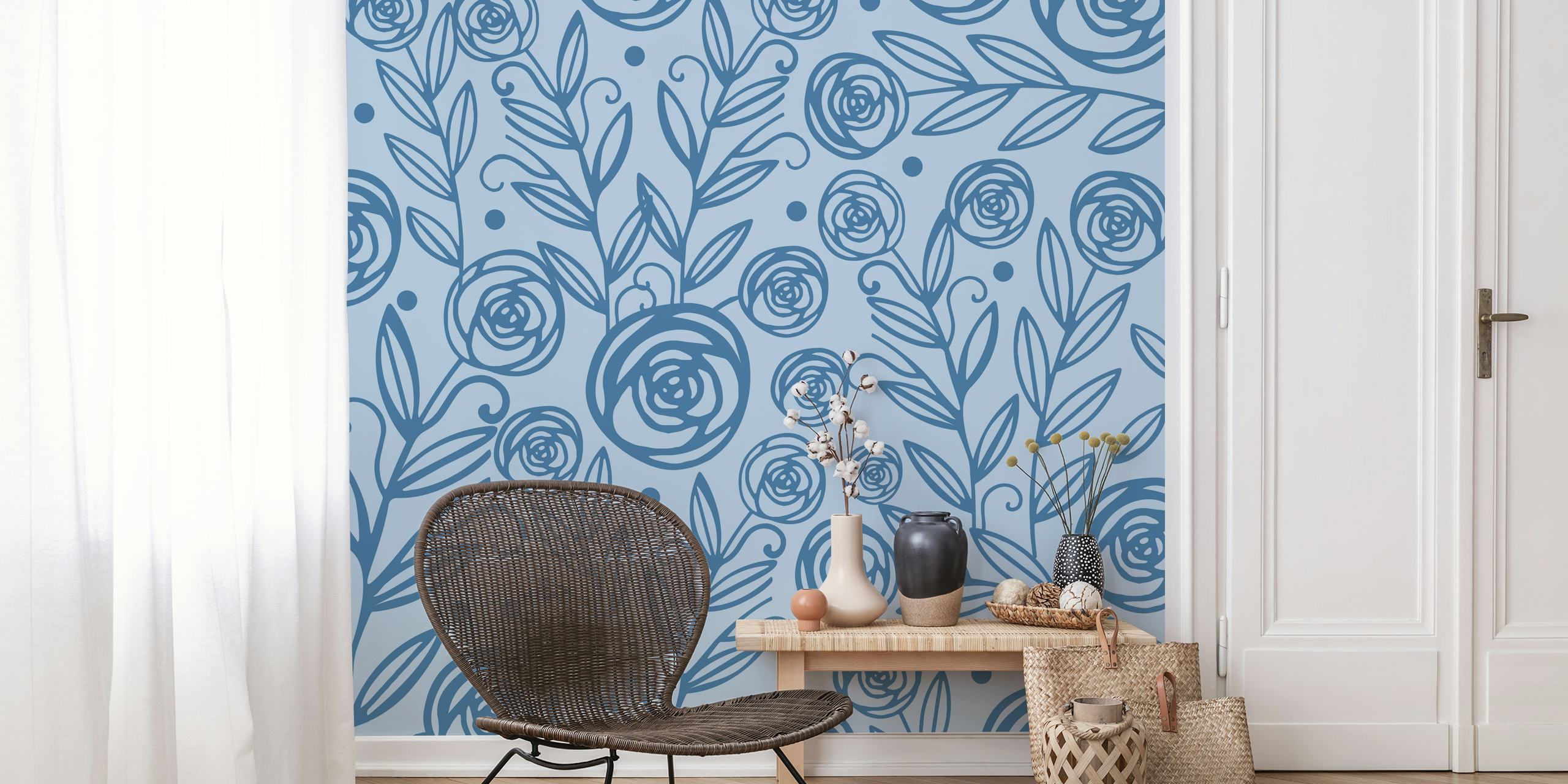 Granatowy wzór róż na fototapecie