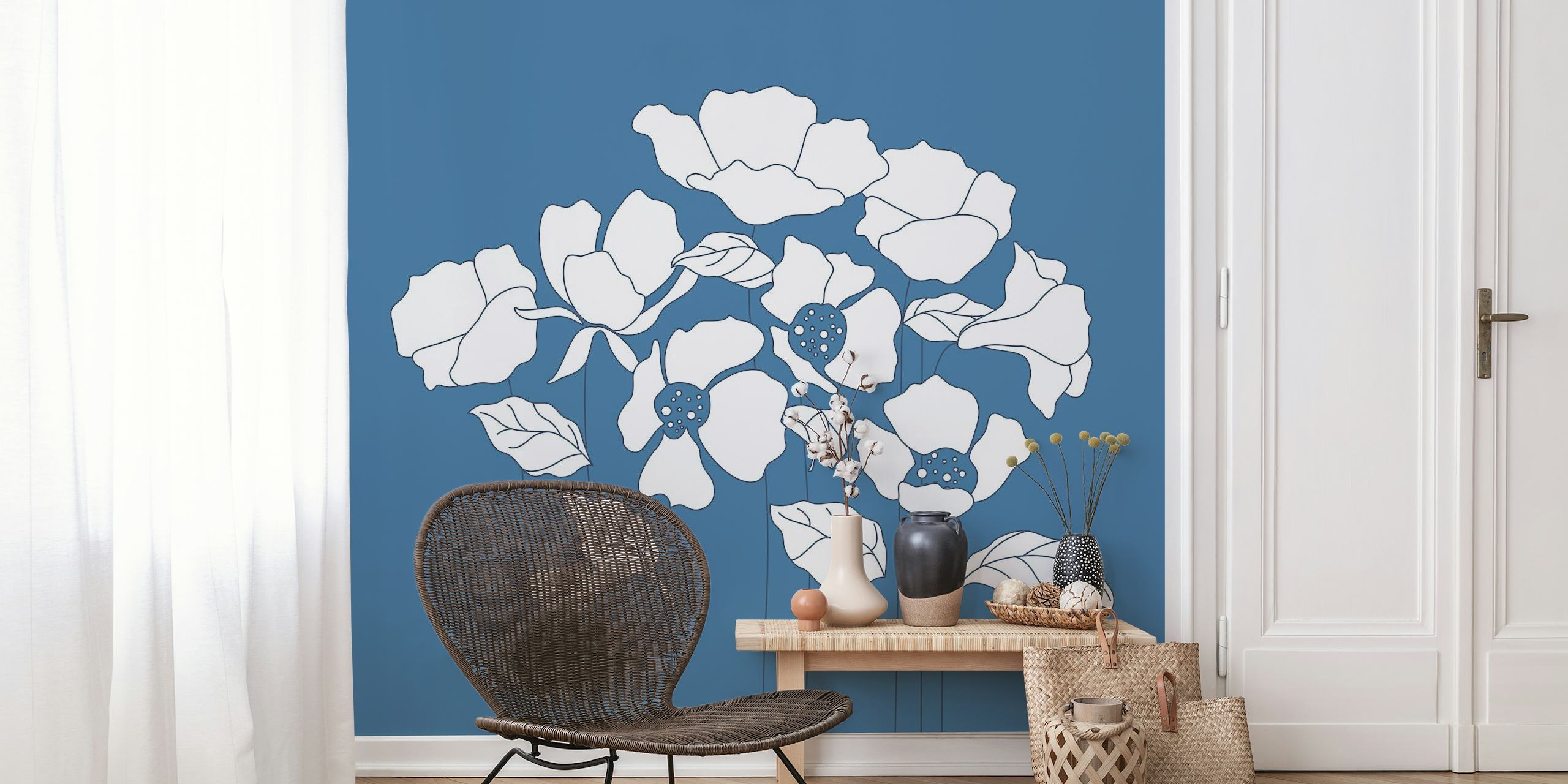 Denim Blue White Poppies wallpaper