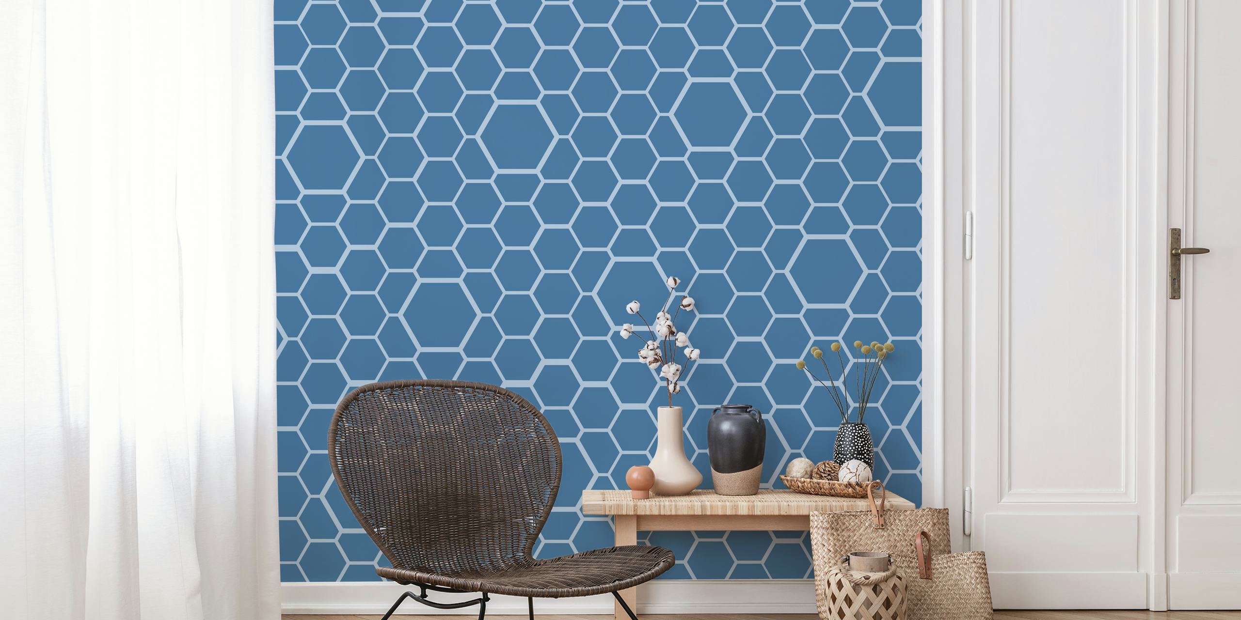 Blue honeycomb pattern wall mural with a geometric grid design