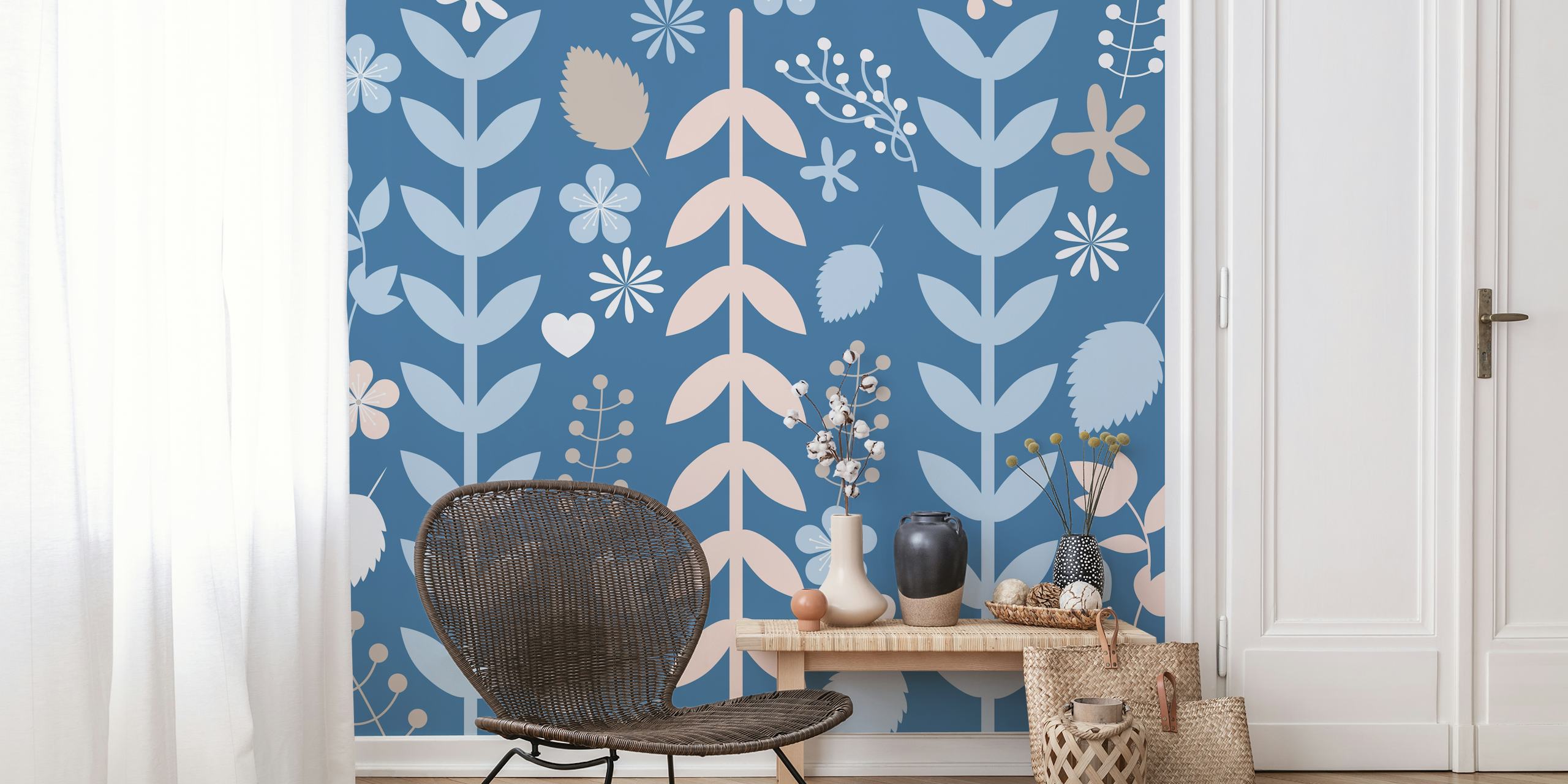 Naklejka ścienna Denim Blue Pink Leaves przedstawiająca botaniczne wzory liści w kolorze różowym i dżinsowym na stonowanym niebieskim tle.