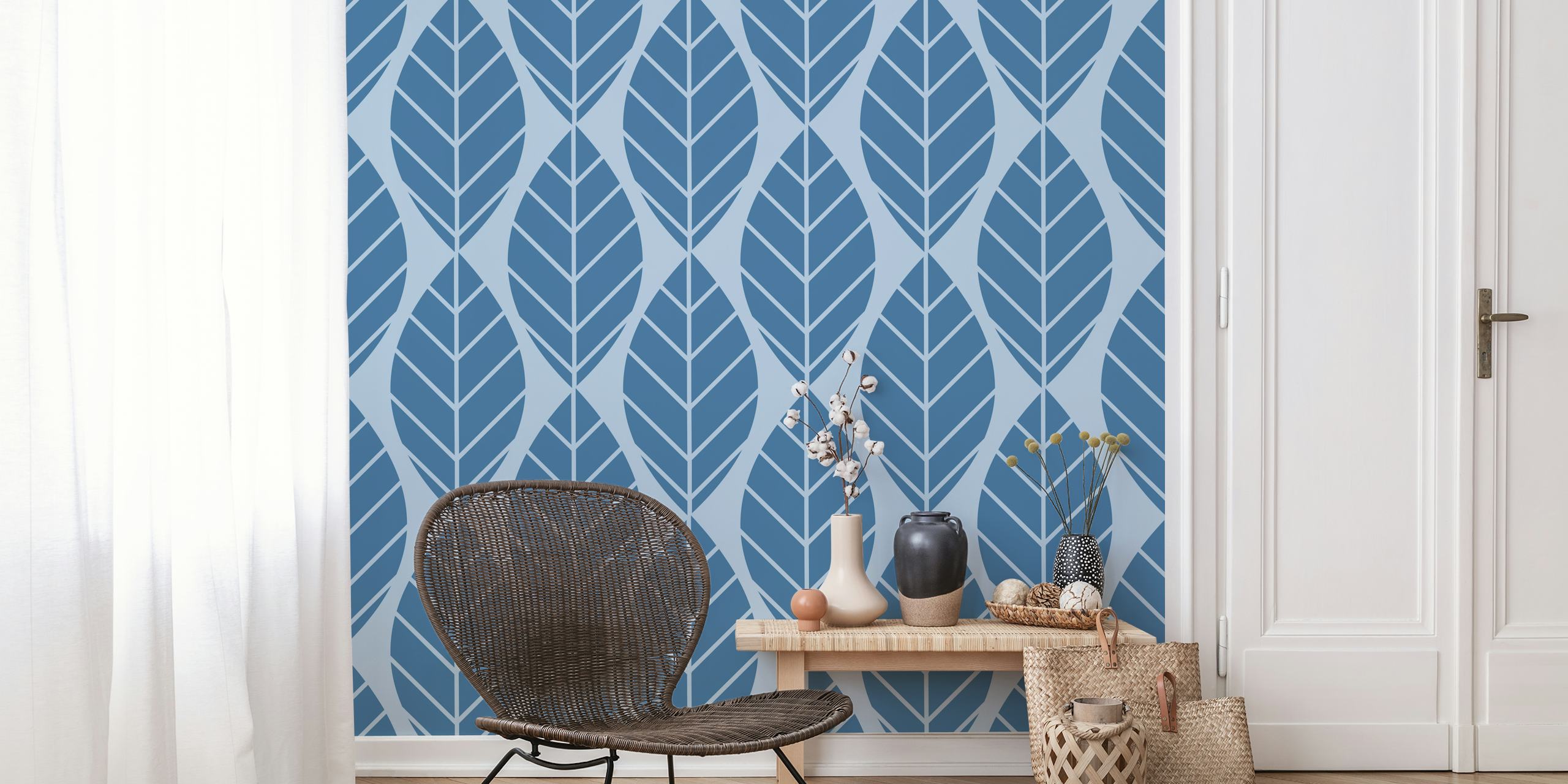 Stylized blue leaves pattern on soft blue background wallpaper
