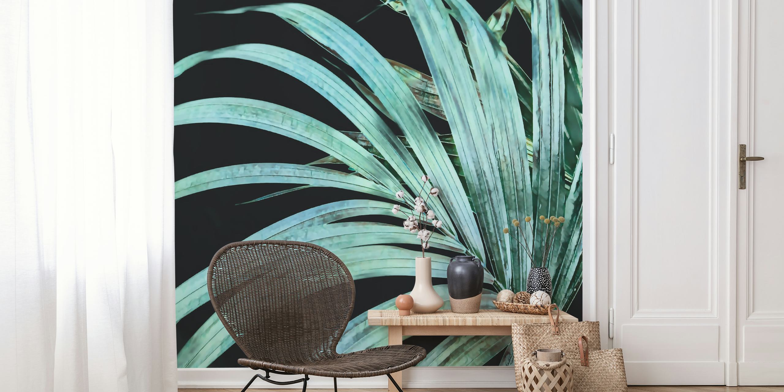 Tropical palm leaves in light turquoise color wallpaper