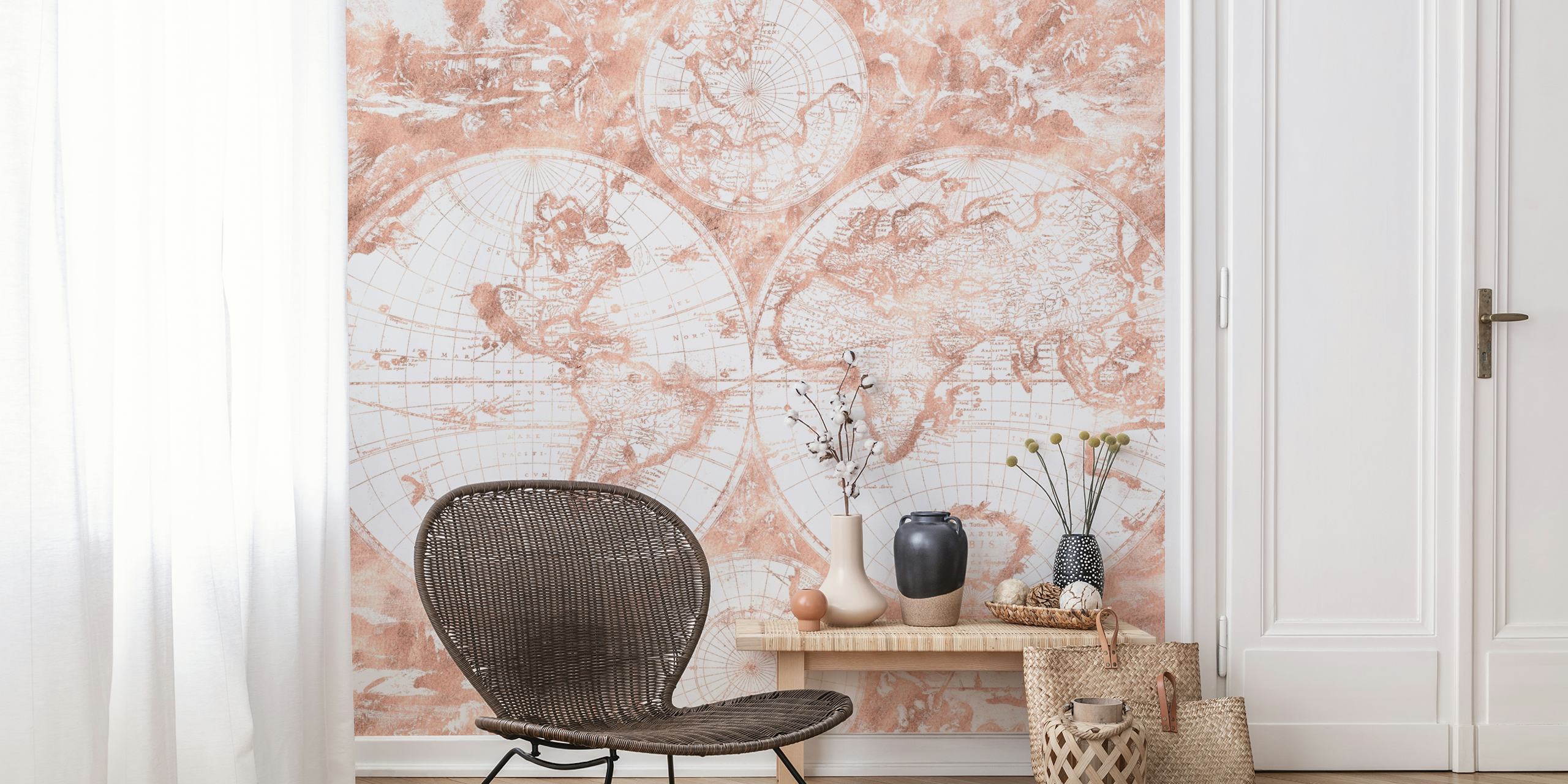 Vintage world map design with soft peach and beige tones wallpaper
