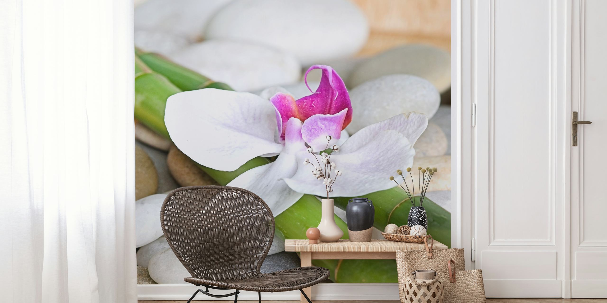 White orchid on bamboo wallpaper design