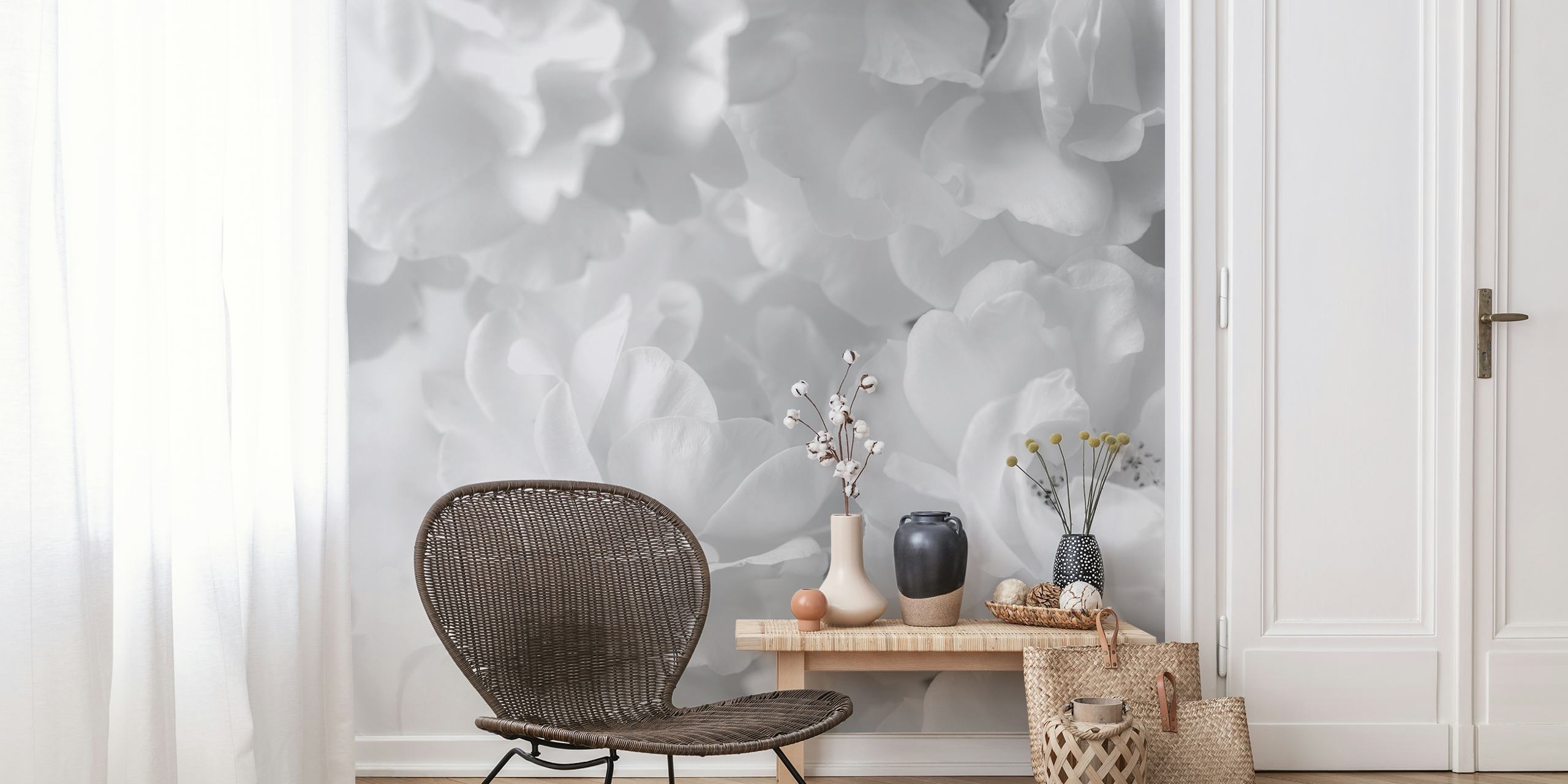 Black and white floral wallpaper design with soft roses