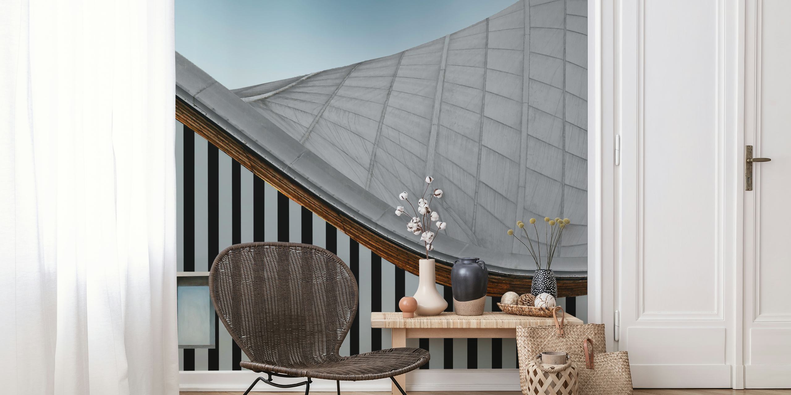 Abstract architecture wall mural with curved and linear patterns