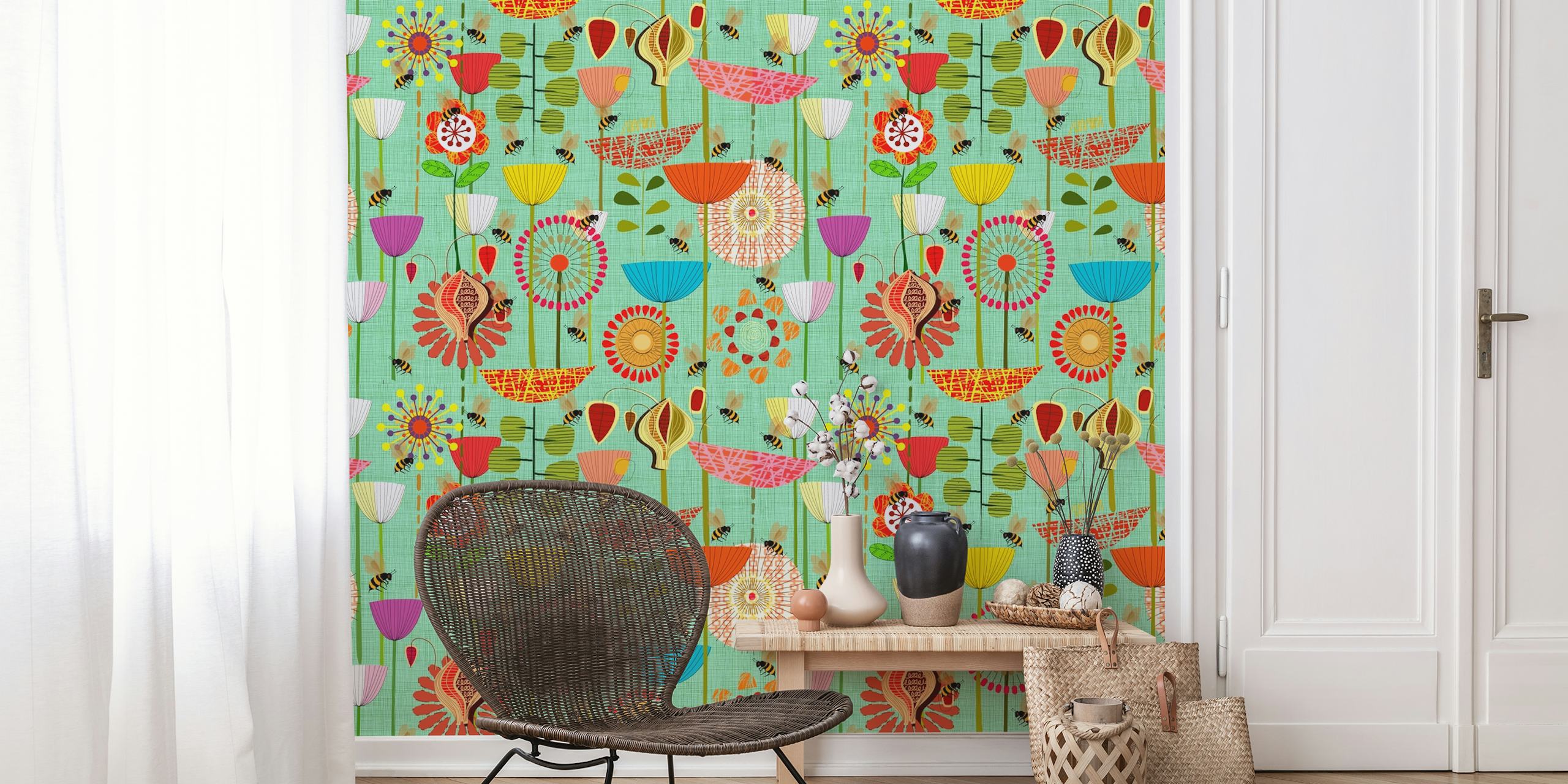 Mid-century modern Where the Bees Fly bee-themed wallpaper