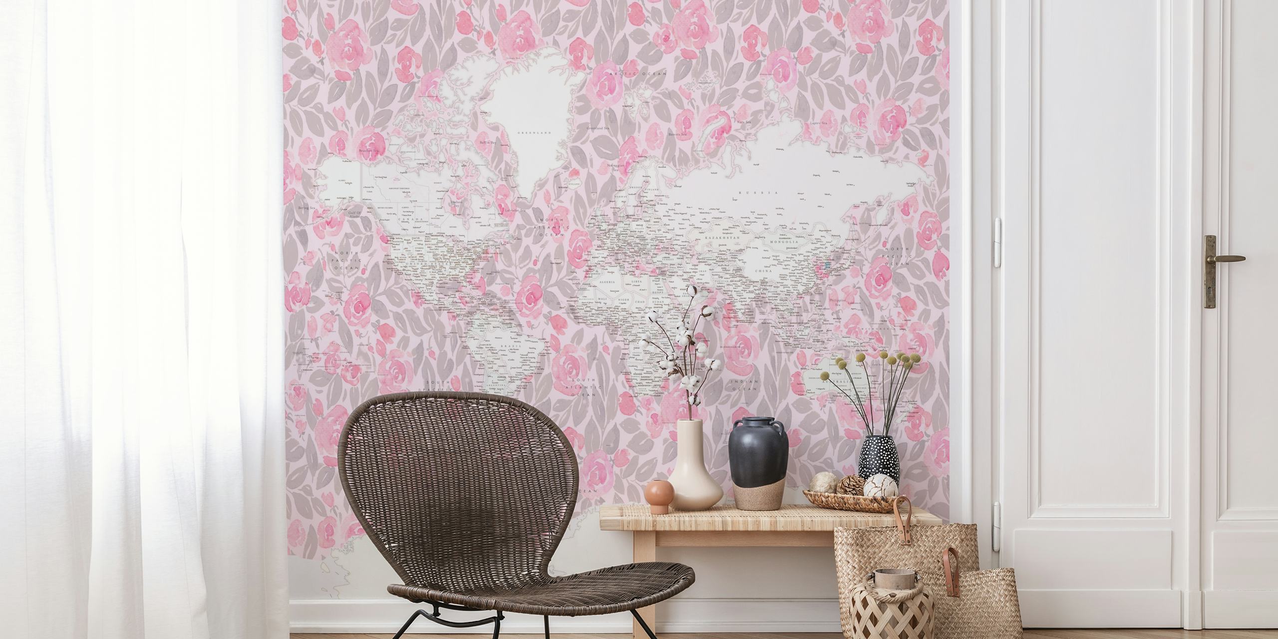 Fototapeta Stylizovaná mapa světa se zaměřením na Antarktidu, zdobená růžovými a bílými vzory