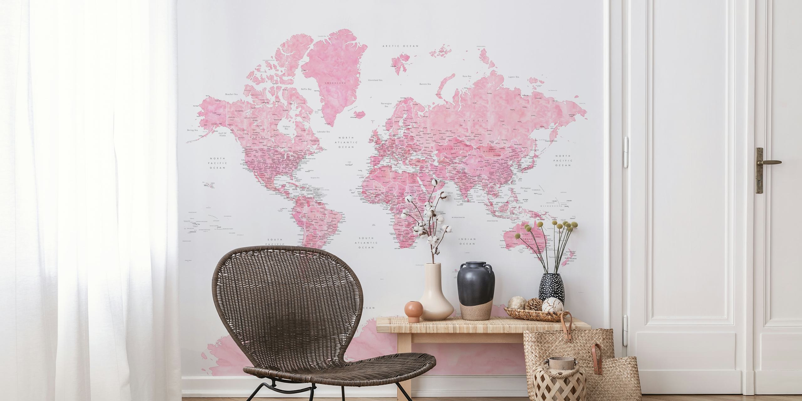 Elegant pink world map wall mural with highlighted Antarctica
