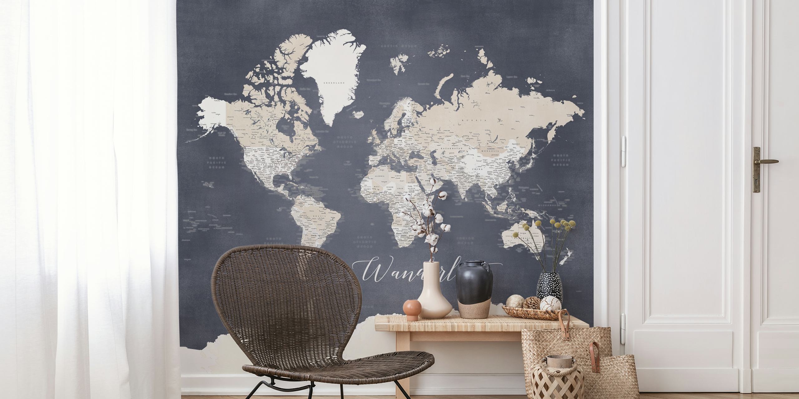 Elegant Wanderlust World Map Glyn A vægmaleri med et dæmpet farveskema og kunstnerisk skildring af kontinenterne.
