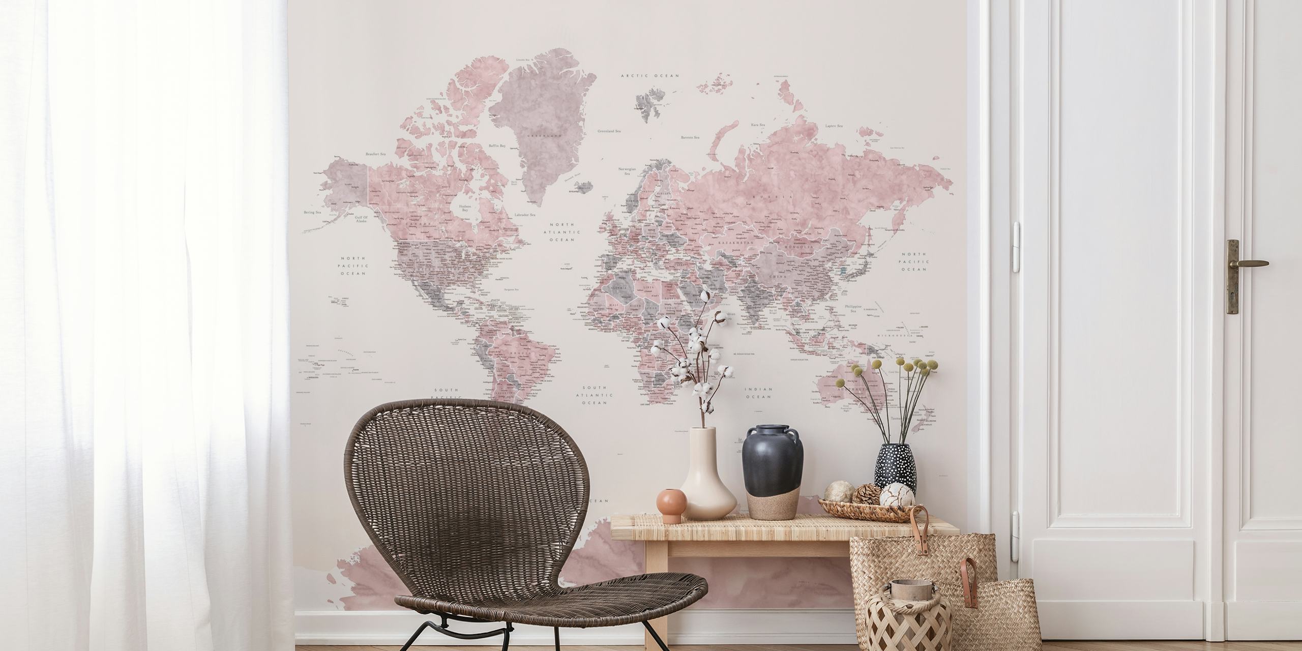 Soft pink world map with Antarctica wall mural for interior decoration
