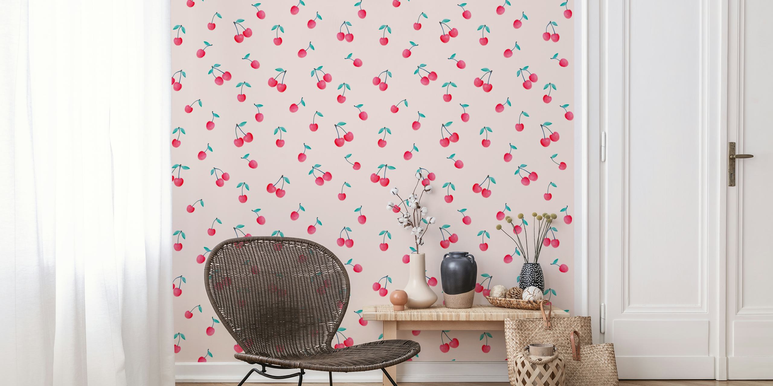 Cherry fruit pattern with green leaves on a light pink background wallpaper