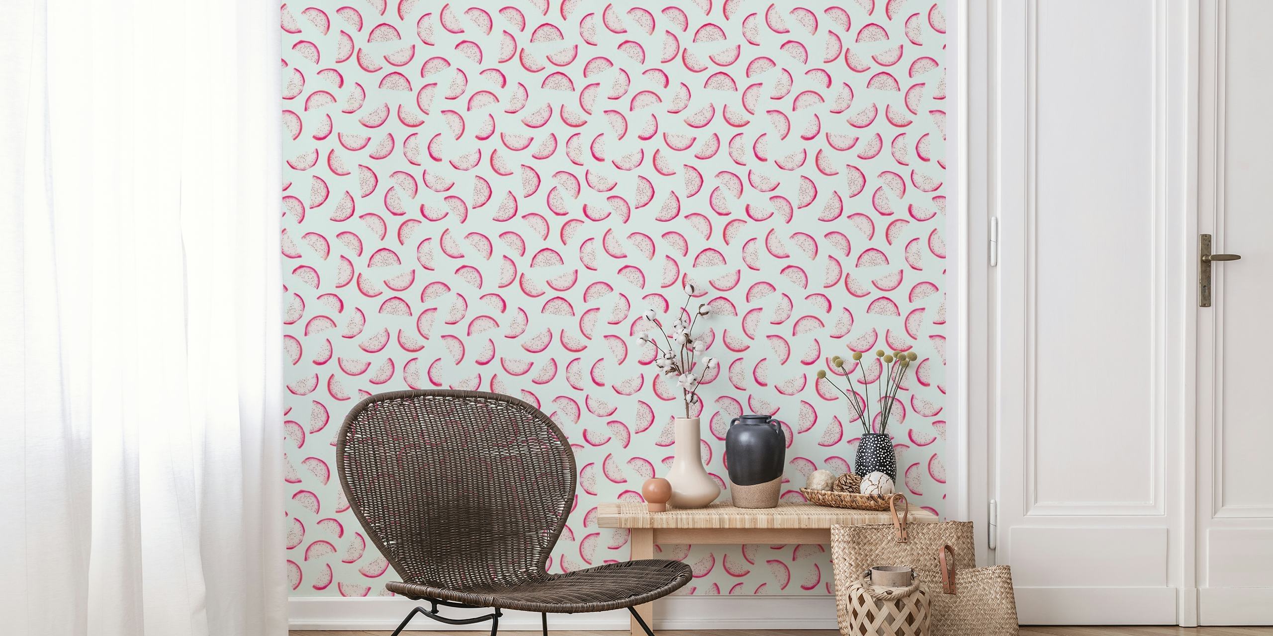 Abstrakt dragefrugt mønster vægmaleri med bløde lyserøde kurver på hvid baggrund
