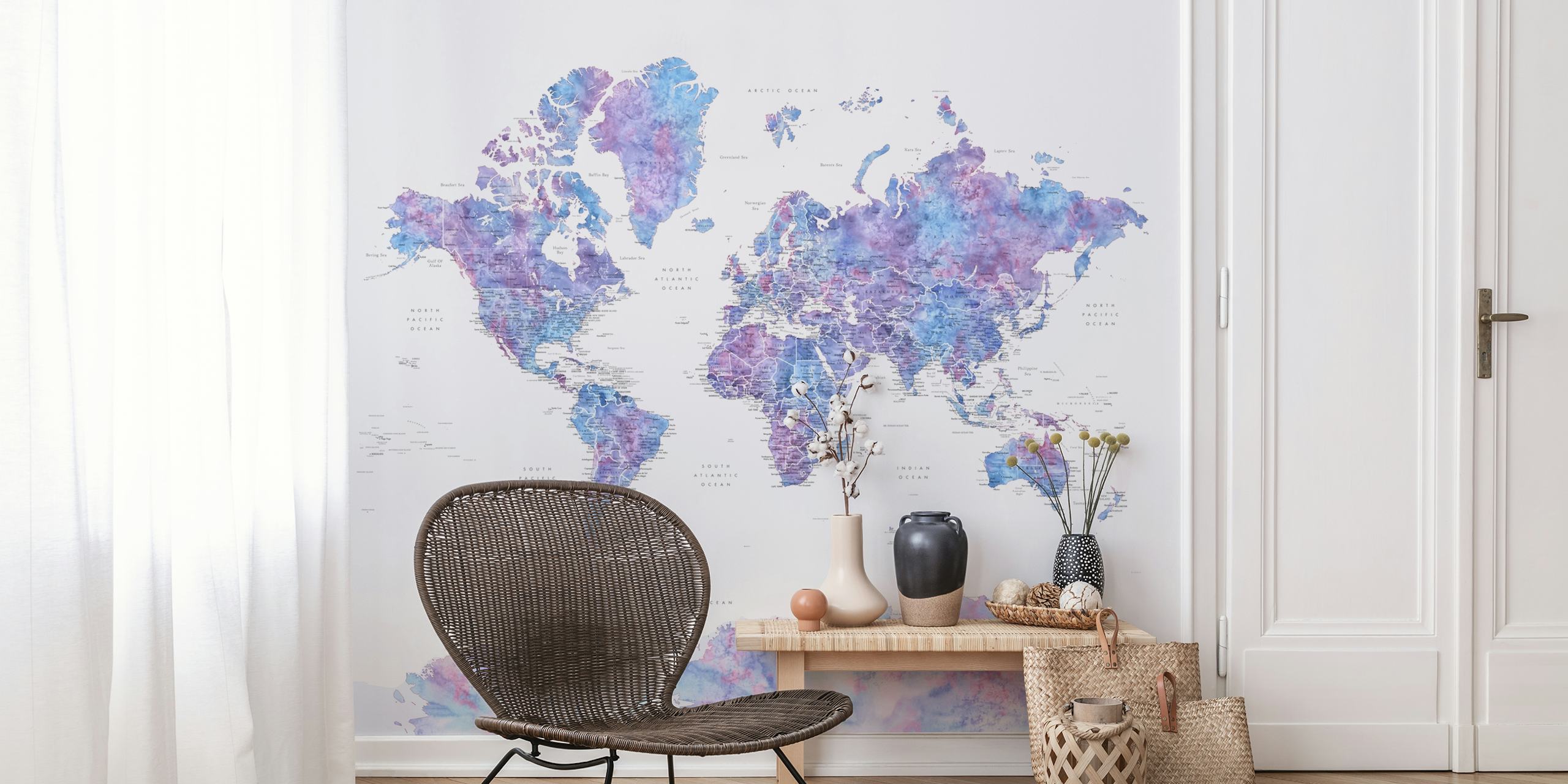 World Map Raul Antarctica wall mural with purple and blue hues