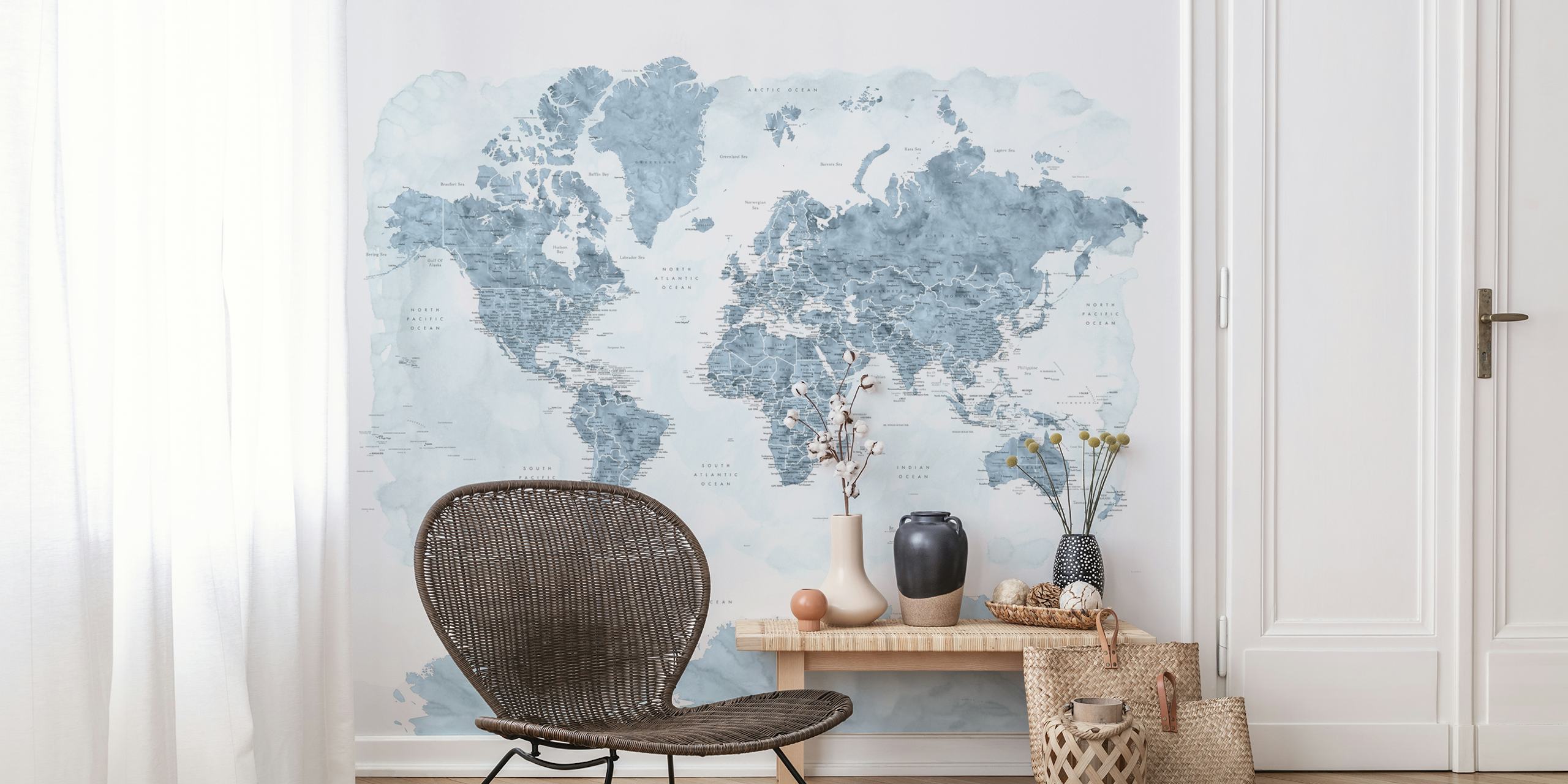 Stylized world map wall mural with pastel shades and Antarctica highlight