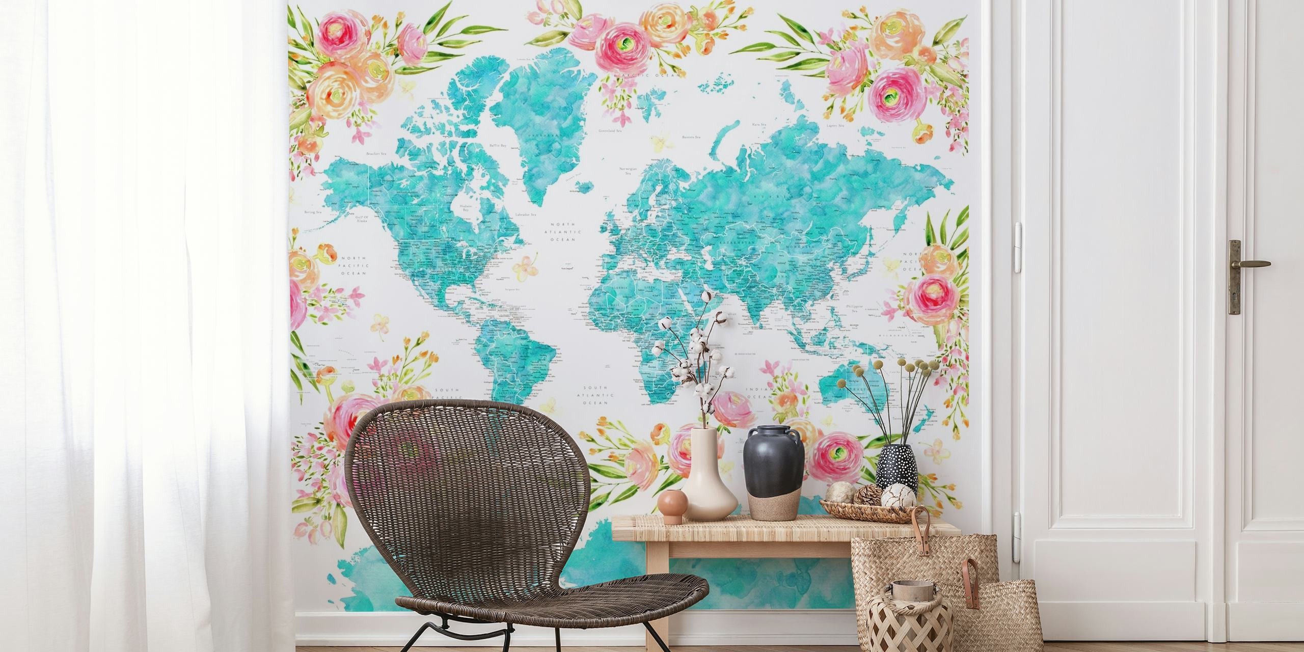 Farverigt verdenskort vægmaleri med blomstermønstre, der dekorerer kontinenterne