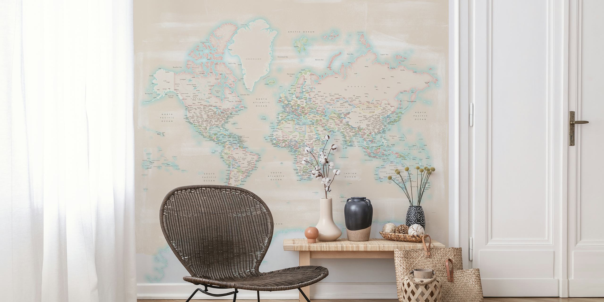 Wereldkaart muurschildering in vintage-stijl met de nadruk op Antarctica in zachte pastelkleuren