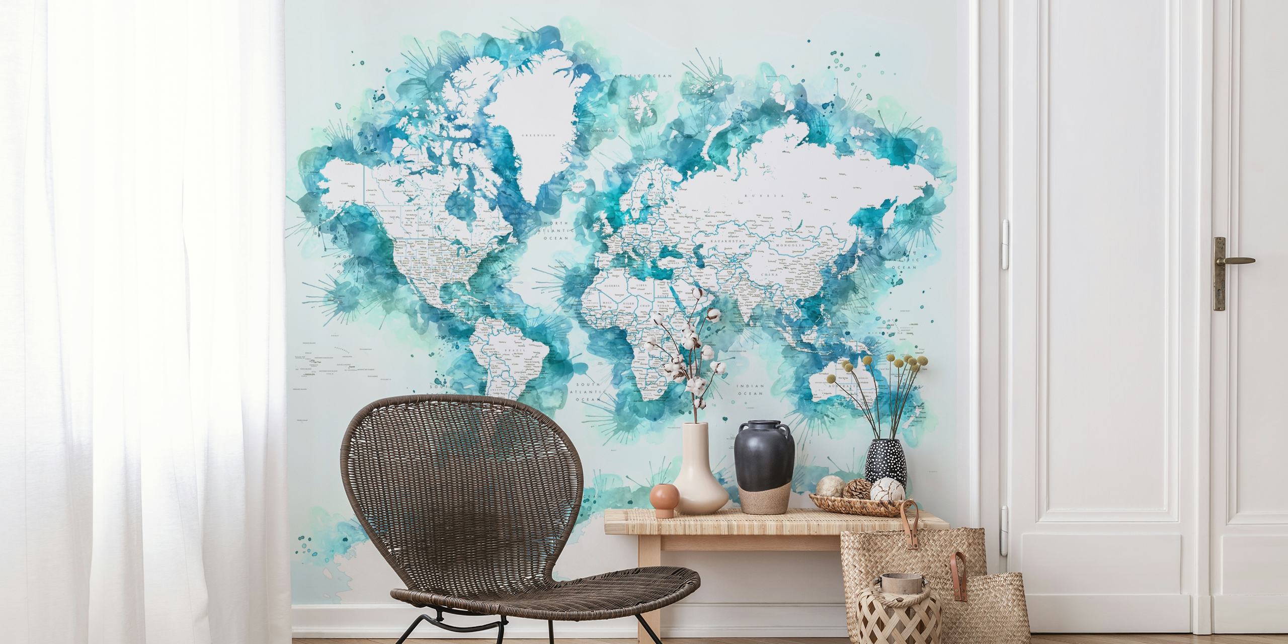 Watercolor world map design with blue splashes and white continents wallpaper