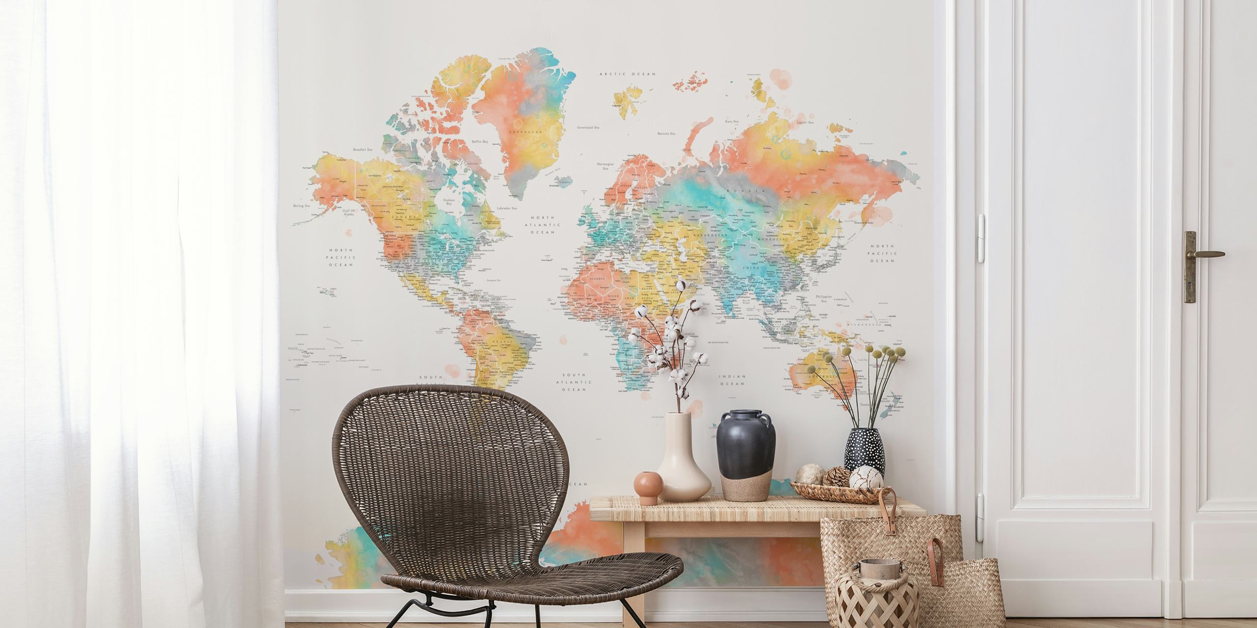 Colorful world map with orange, blue, and yellow hues on beige wallpaper