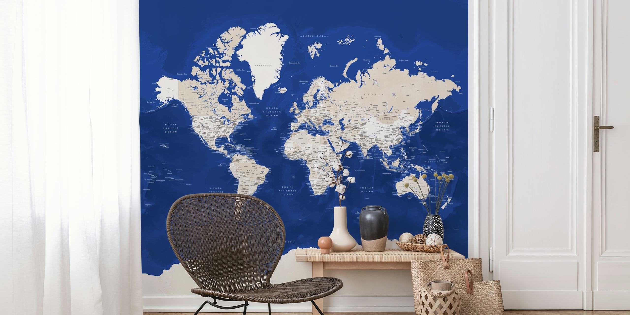 World map in navy blue and beige with geographical details wallpaper