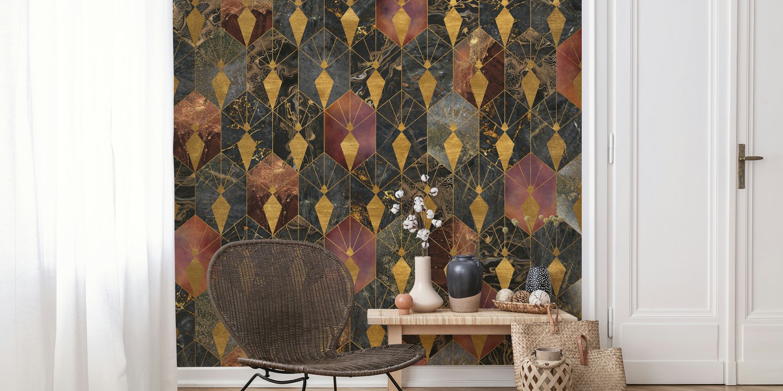 Colorful Hexagons Art Deco Wall Mural with a range of red and gold hues on happywall.com
