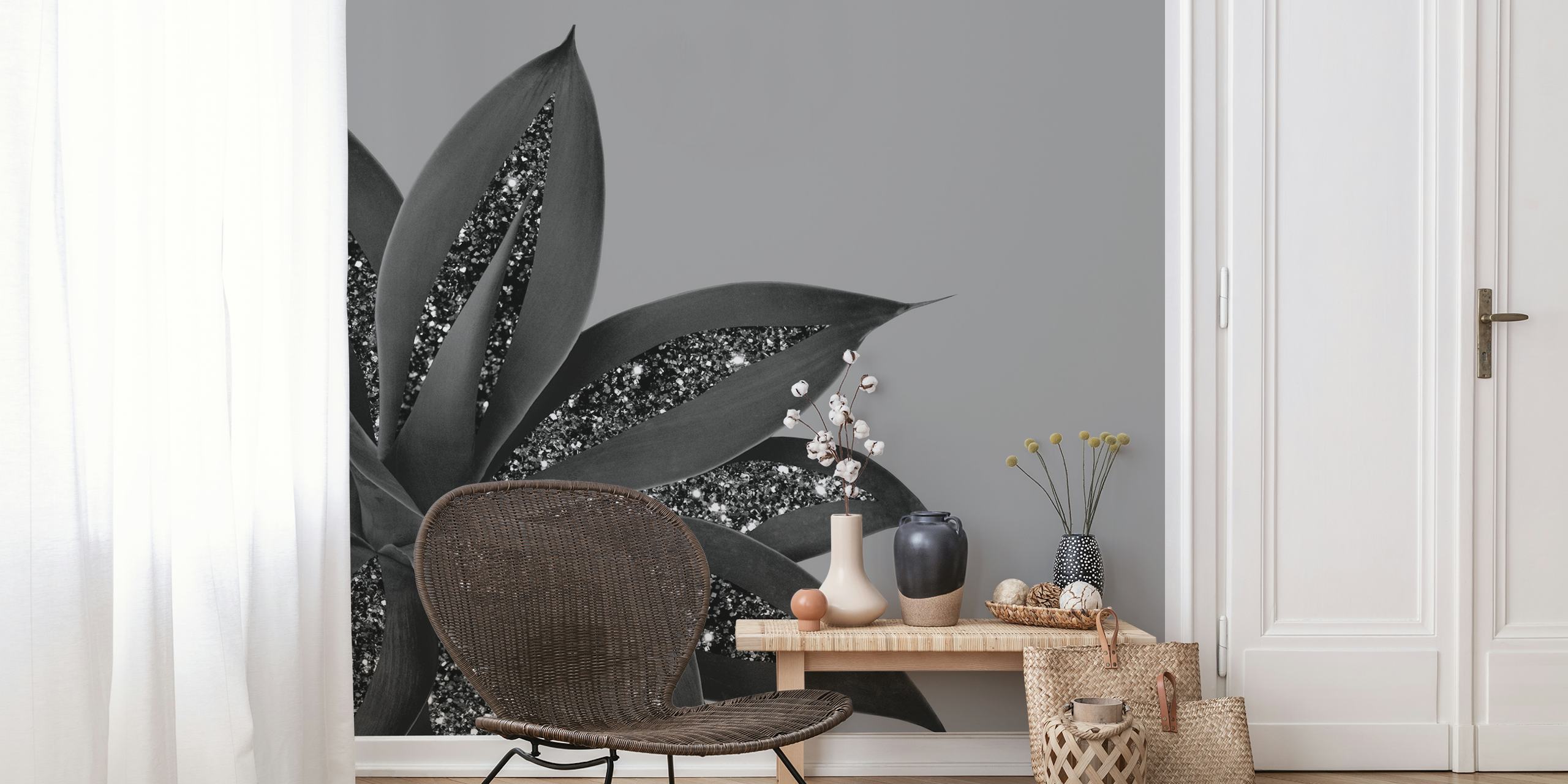 Black glitter agave leaves on a gray background wallpaper