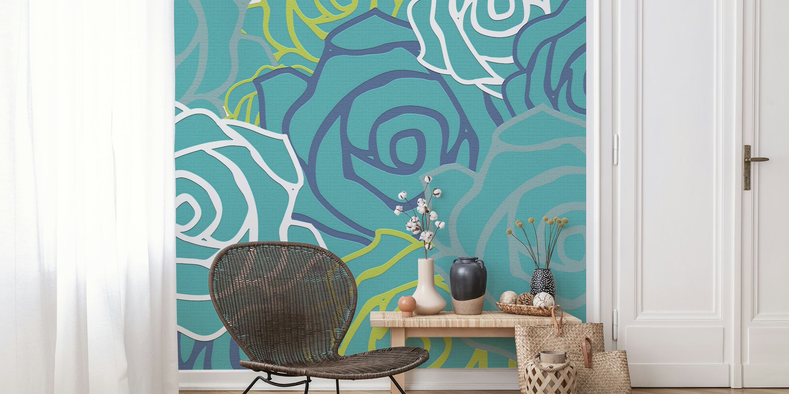 Teal roses with white outlines and green accents wallpaper