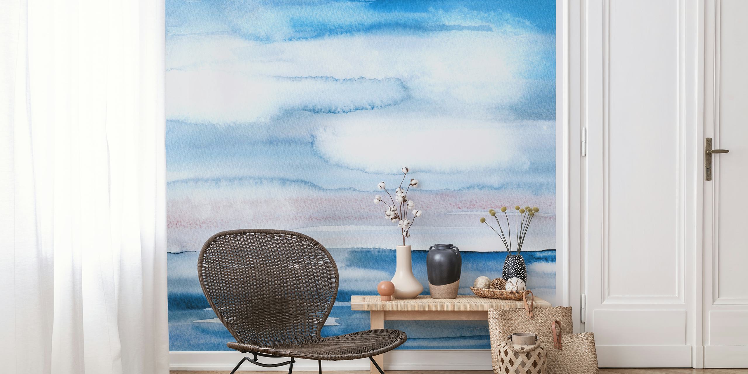 Watercolor blue ocean and sky with soft clouds wallpaper