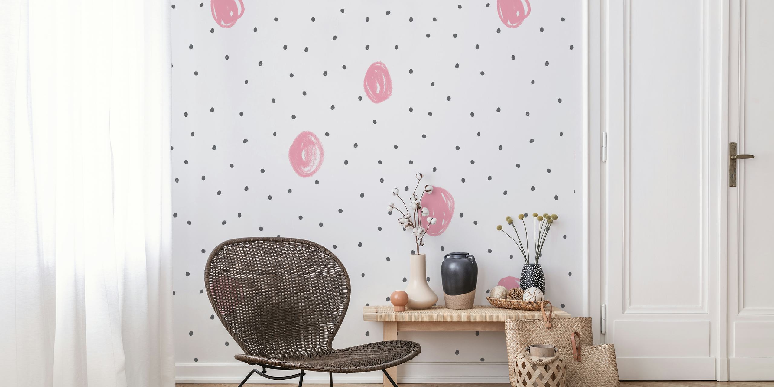 Pink dots on a white background in a playful pattern wallpaper