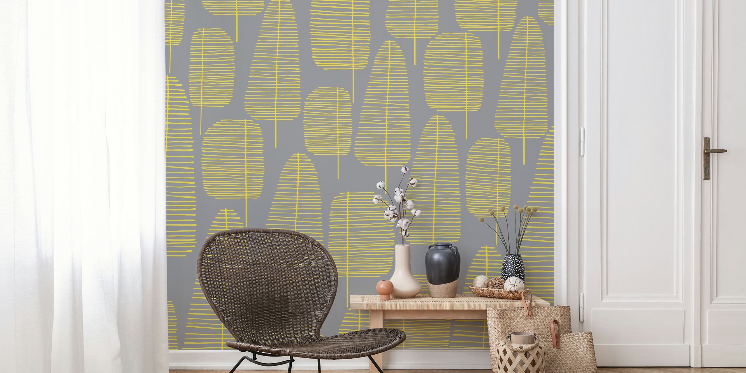 Mid-century modern style forest wall mural with stylized trees and geometric patterns