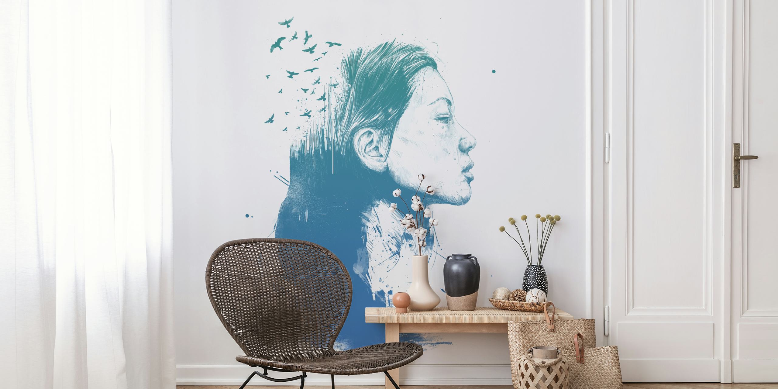 Contemporary art style wall mural depicting a profile with birds in flight, symbolizing open-mindedness and freedom.