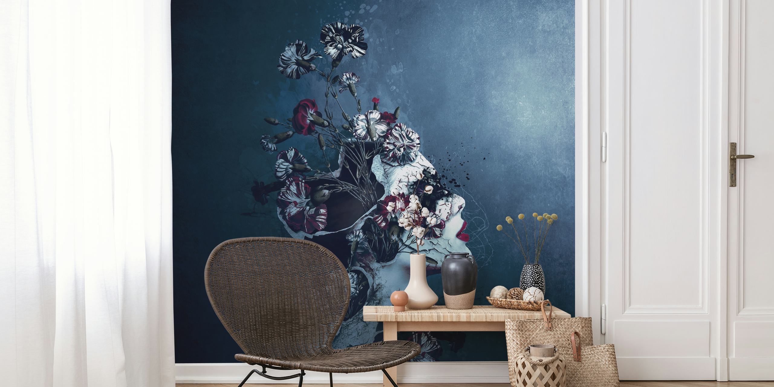 Floral head artwork with dark blue background wallpaper