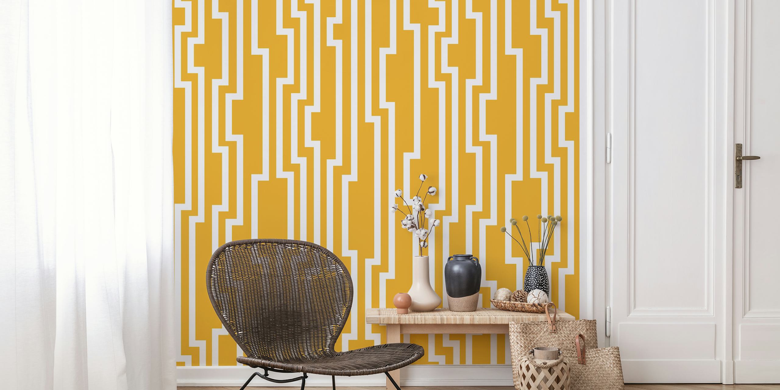 Saffron yellow and white striped damask wallpaper design