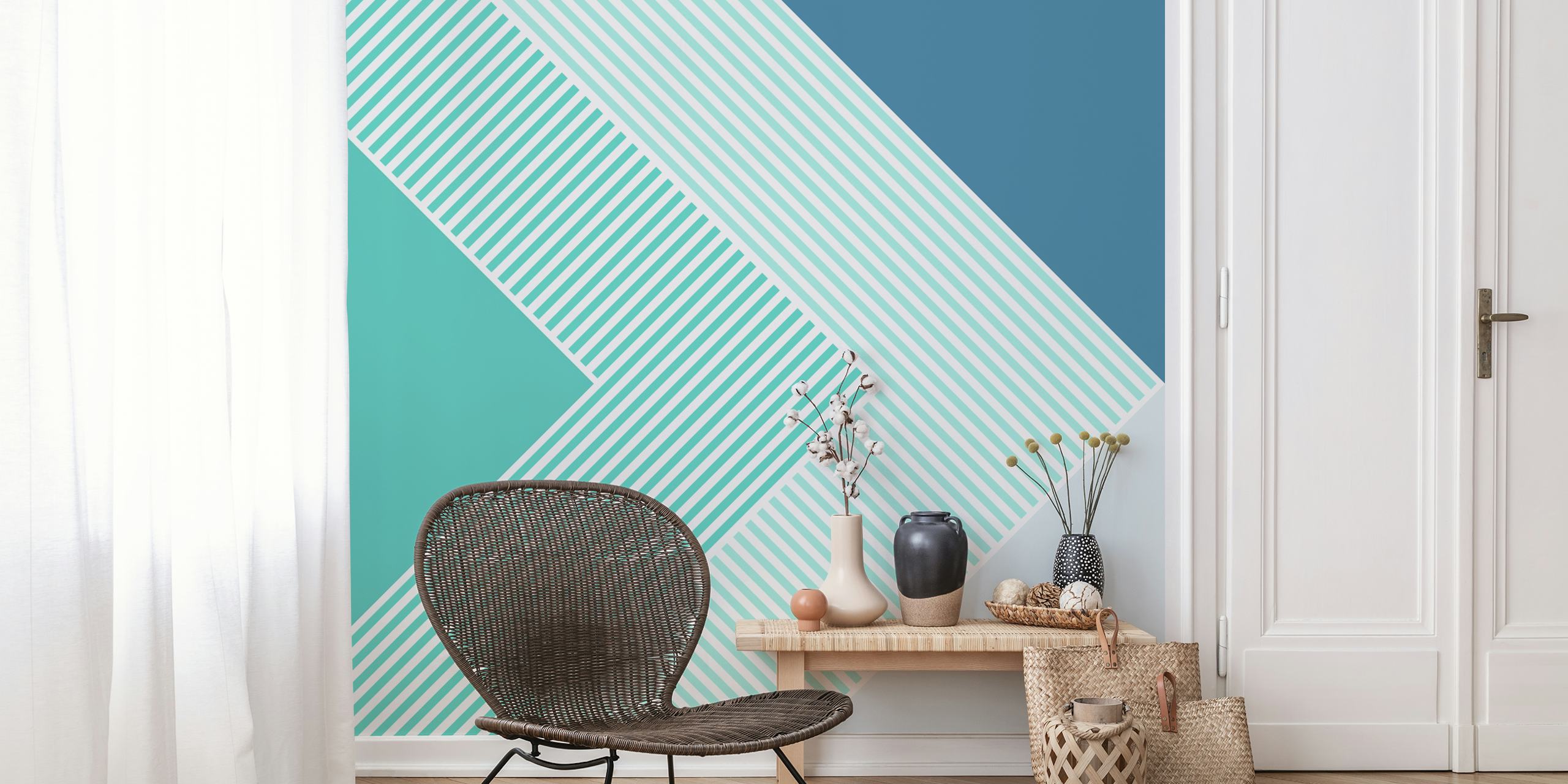 Geometric teal wallpaper with triangles and stripes in shades of blue and green