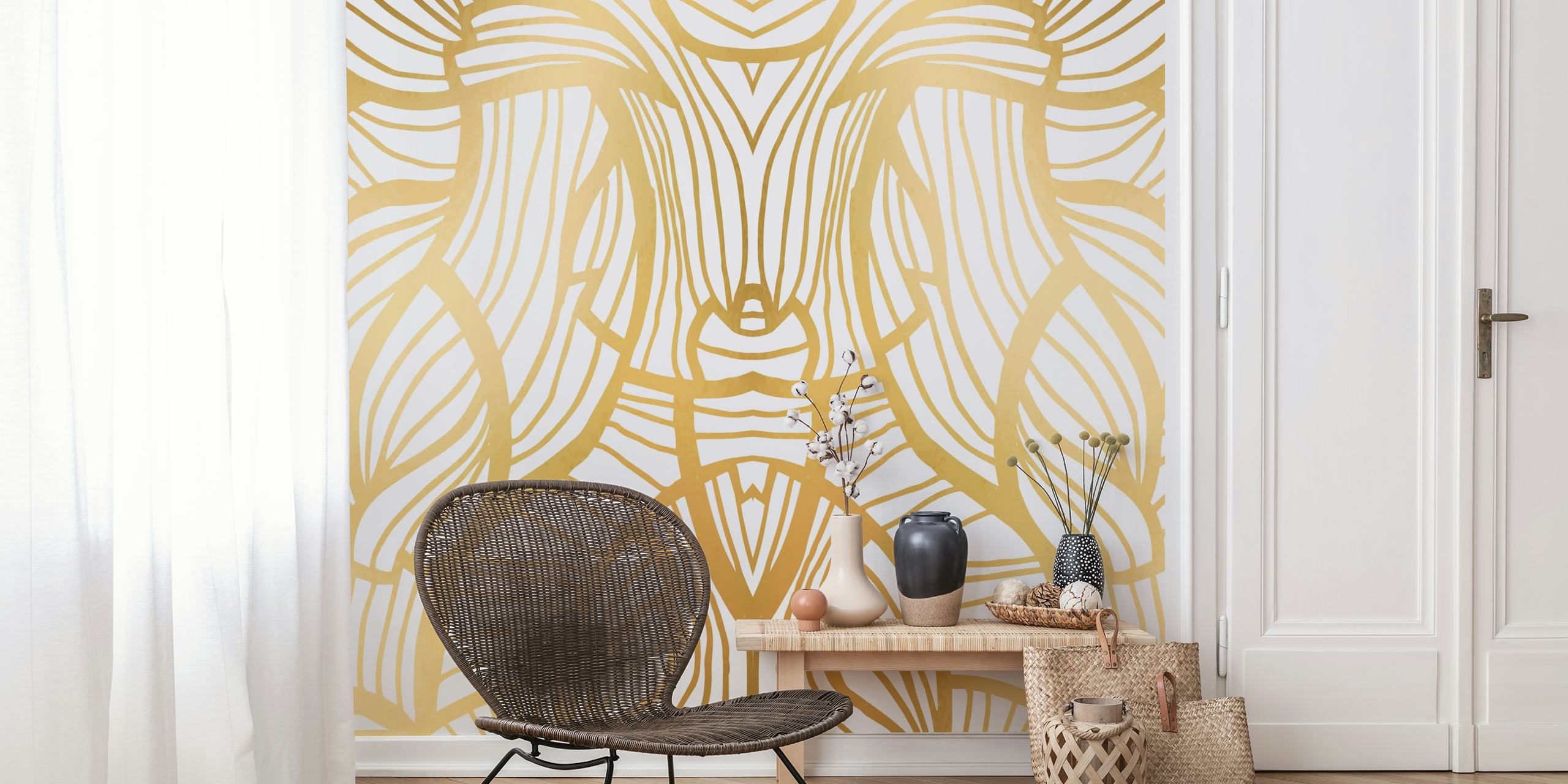 Gold floral patterns with bold line work wallpaper