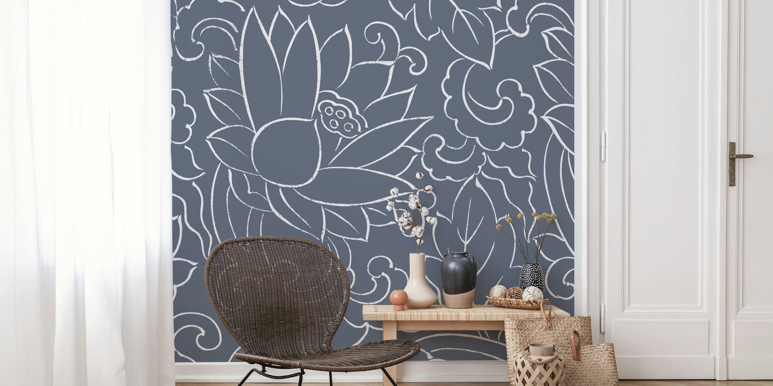 Blue-grey lotus flower wallpaper in a room