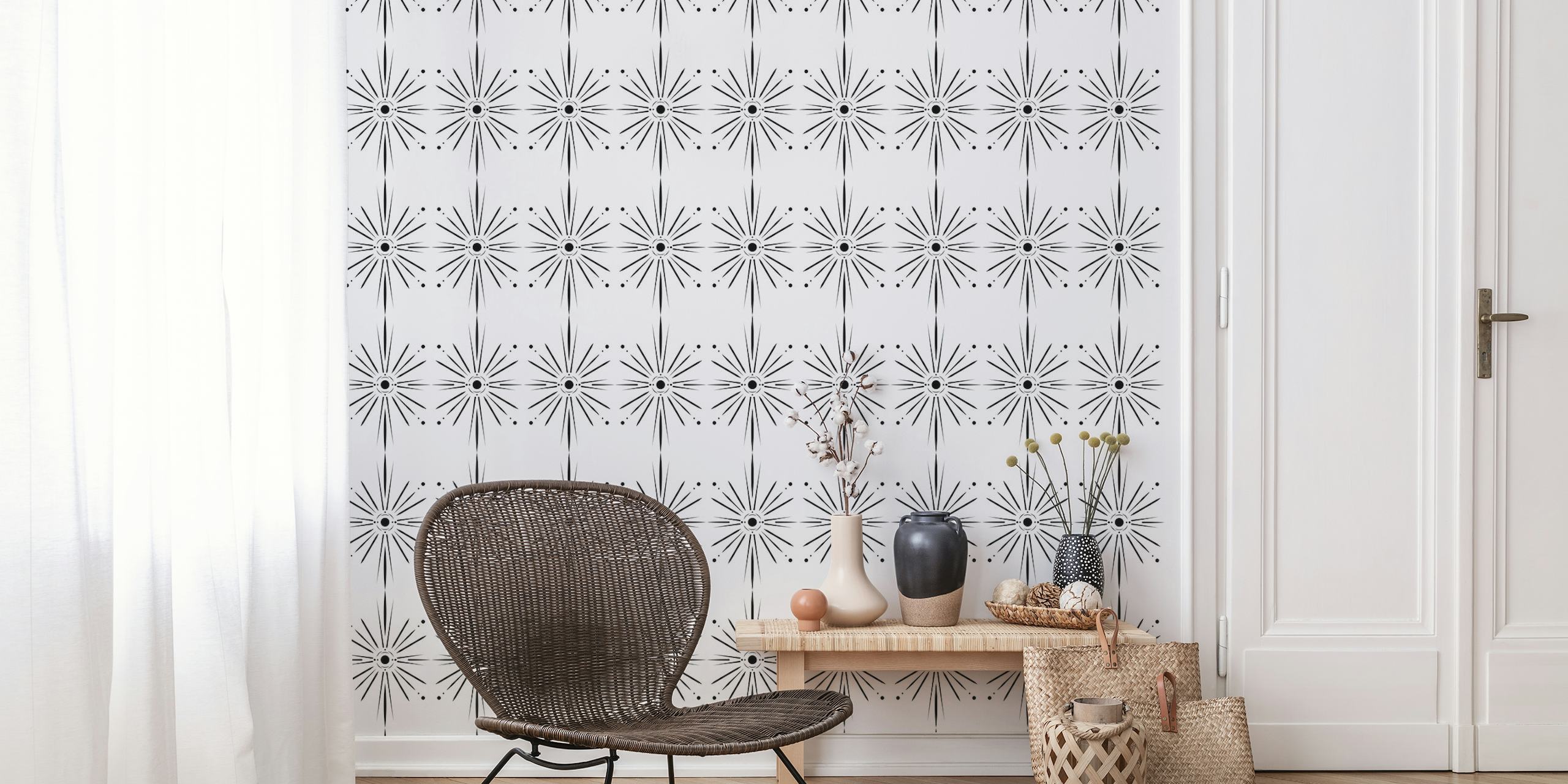 Sun Star wall mural with a pattern of intricate sun stars against a crisp white background