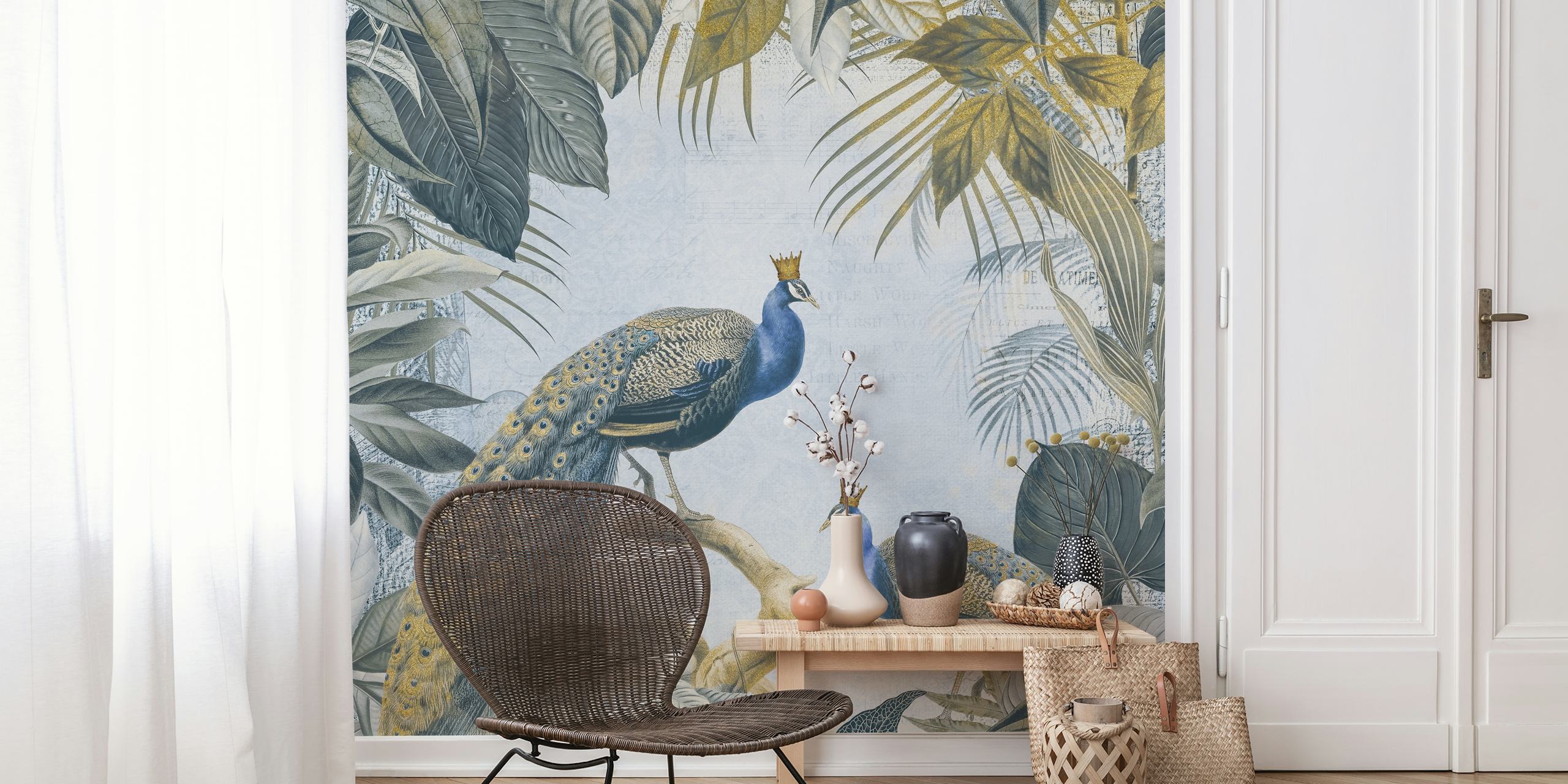 Two peacocks with crowns surrounded by tropical foliage wallpaper